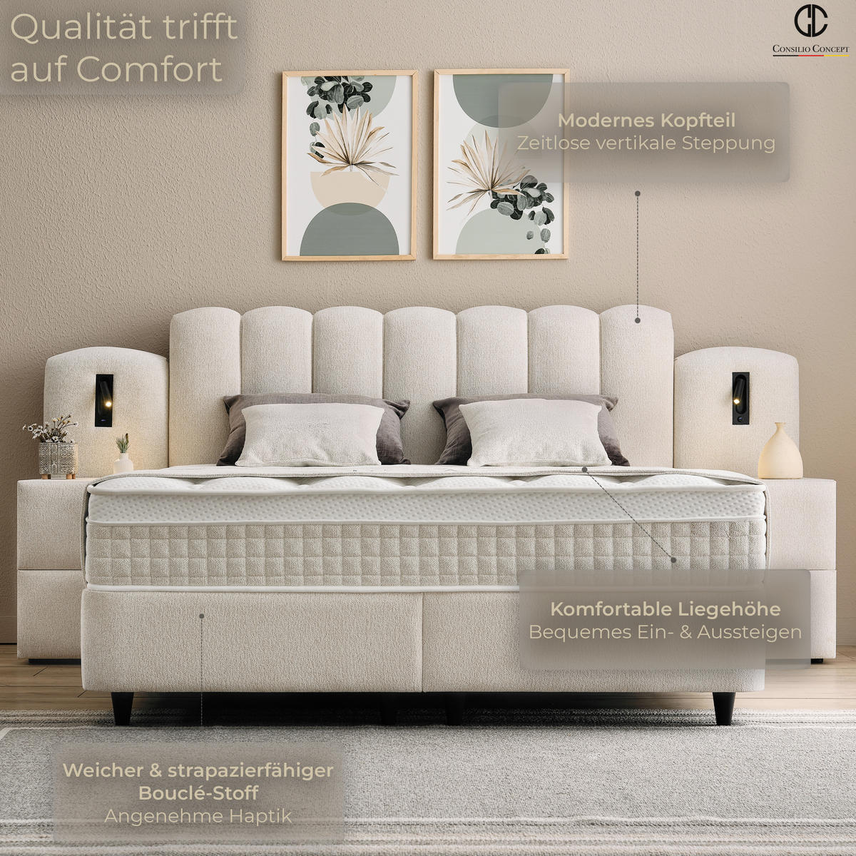 BOXSPRINGBETT MIT BETTKASTEN DUBAI 180/200 cm, Ivory, Bettkasten, Matratze, Topper integriert, H3 mittel 7-Zonen Matratze - Creme/Schwarz, Holz/Kunststoff (180/200cm) - Consilio Concept