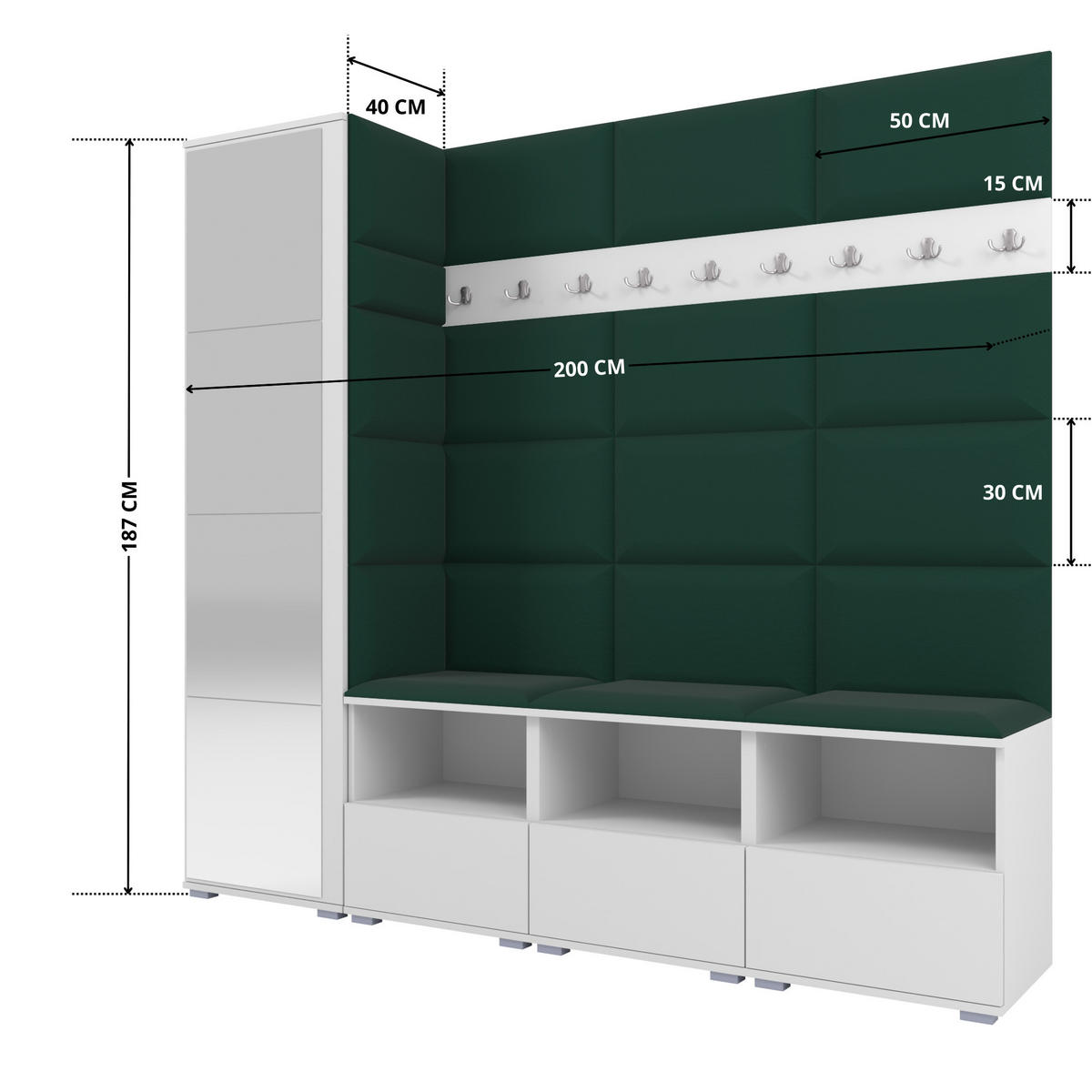 GARDEROBE NELA IX 200 cm (Modulare Flurmöbel Weiß mit Spiegel & Sitzpolster Flaschengrün 28 Breite Sitzbank) - Dunkelgrün/Silberfarben, Holz/Holzwerkstoff (200/187/40cm) - Ravio