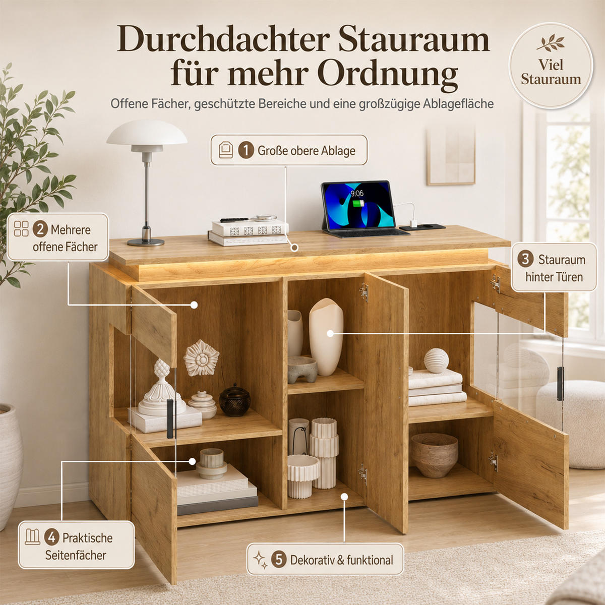 SIDEBOARD mit LED/USB-C Ladestation, Glastüren, 120x40x79,5 cm - Eichefarben/Schwarz, Holz (120/79.5/40cm) - LVHOM