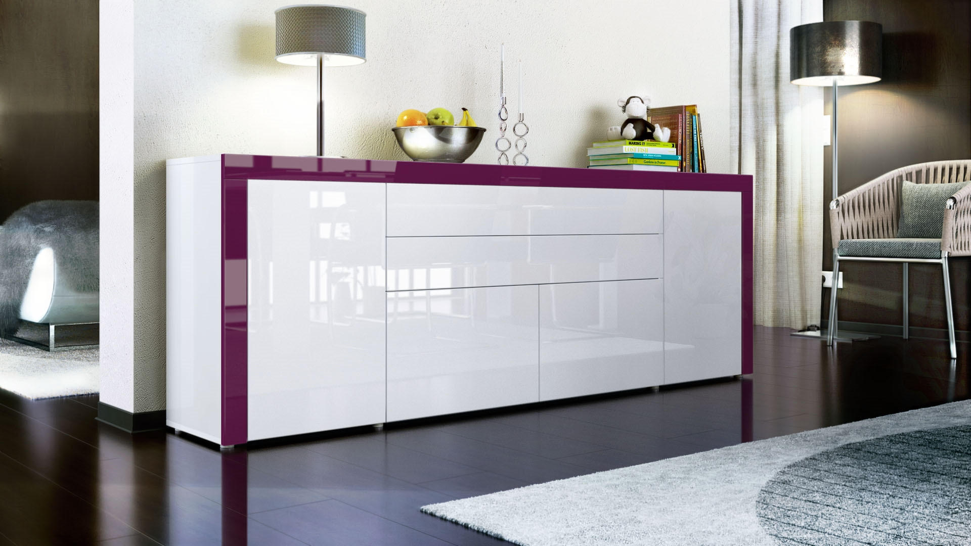 SIDEBOARD La Paz Weiß Hochglanz / Brombeer Hochglanz - Weiß Hochglanz, Holzwerkstoff (200/72/35cm) - Vladon