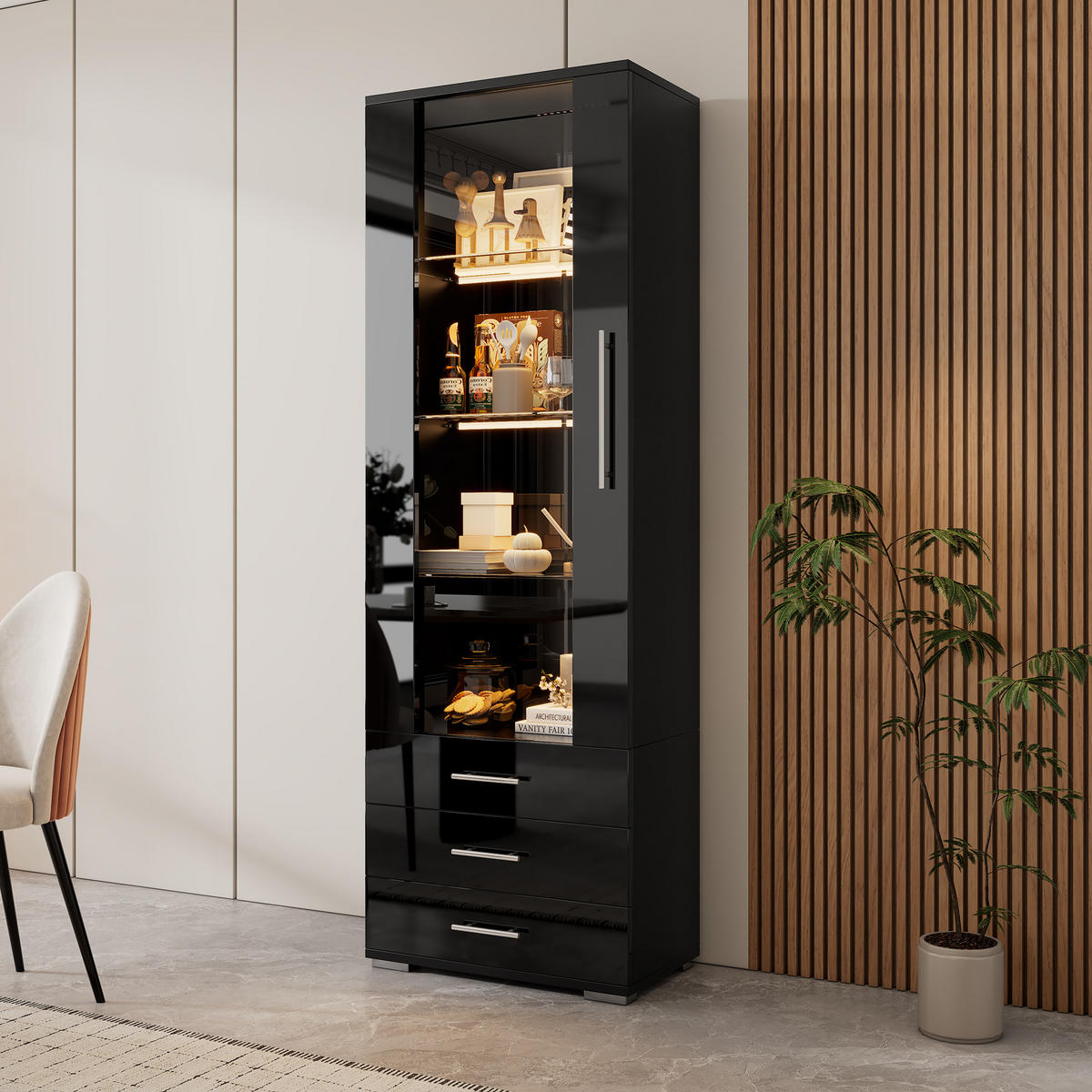 VITRINE, LED, 3 Schubladen, Hochglanz, Schwarz, 60x35x180cm - Schwarz, Holzwerkstoff (35/180/60cm) - FLIEKS
