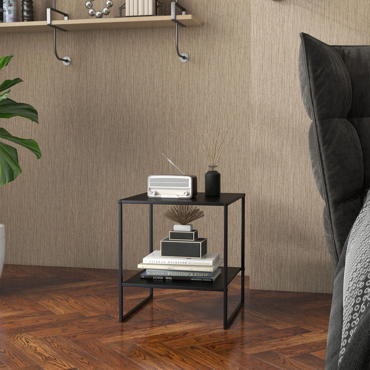 HOMCOM Couchtisch Beistelltisch, Sofatisch mit Ablage, Nachttisch für Wohnzimmer - Schwarz, Metall (40/40/45cm) - HOMCOM