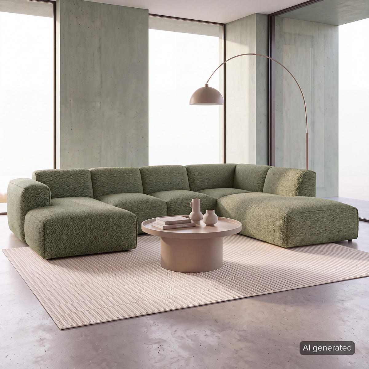 WOHNLANDSCHAFT mit Longchair - Schwarz/Grün, Kunststoff/Textil (325/71/235cm) - home24