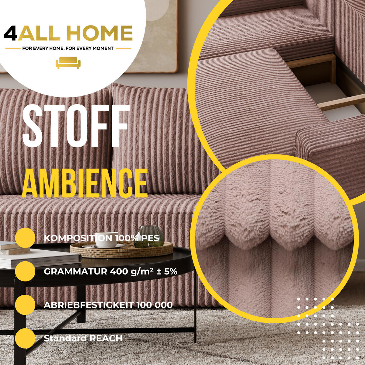 ECKSOFA Tobi mit Bettkasten und Schlaffunktion, L-Form, Cordstoff, Universal - Roségold, Holzwerkstoff (246/145cm) - 4ALL HOME