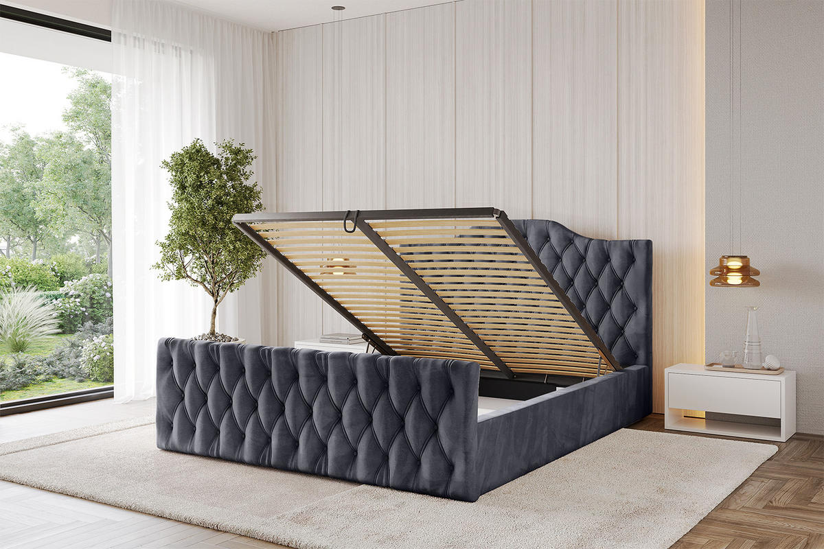 POLSTERBETT mit Bettkasten, Fußteil und Lattenrost, Boxbett mit Matratze H3/H4 - FALIO-Z 180x200 Dunkelgrau - Dunkelgrau, Holzwerkstoff/Textil (180/200cm) - ALTDECOR