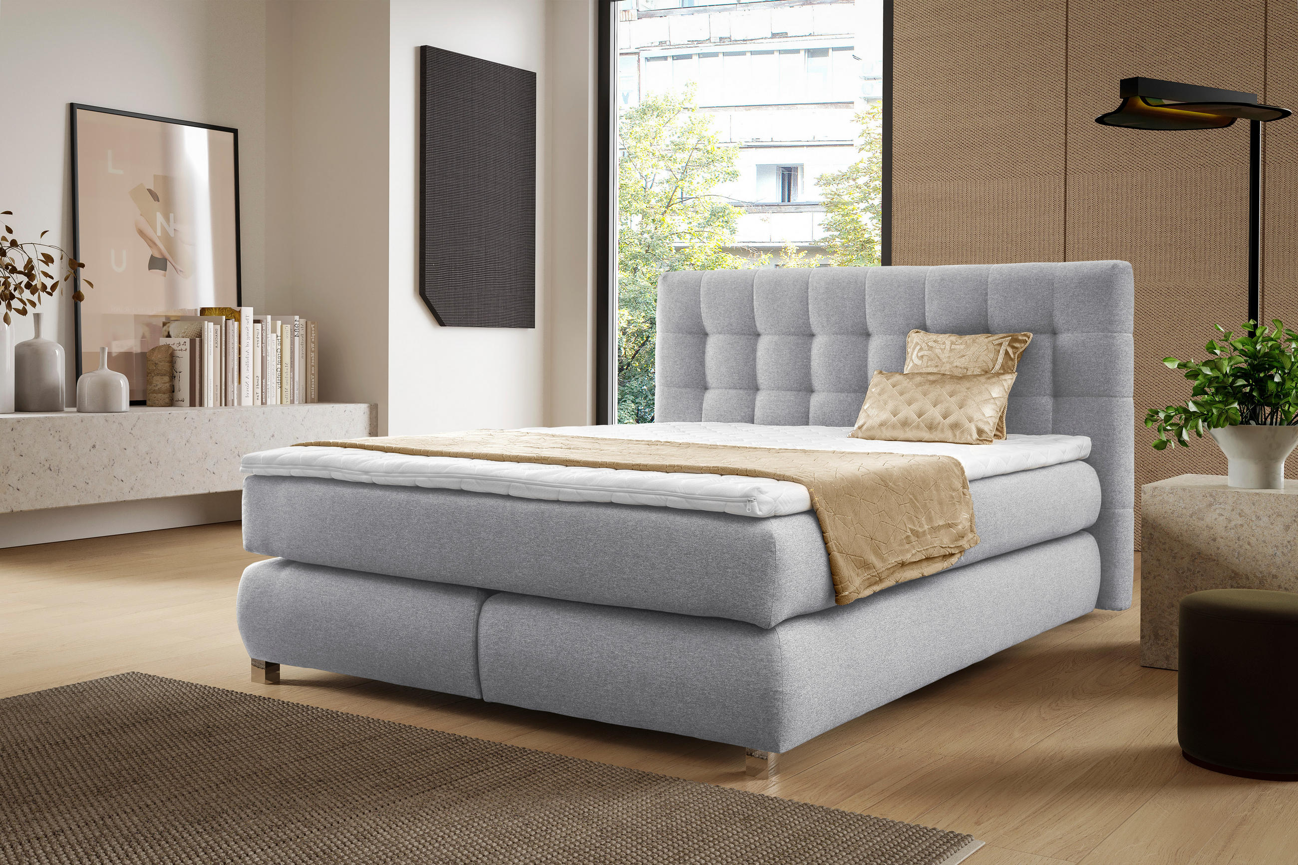 BOXSPRINGBETT BLAKE Bonellmatratze Topper 200x200 Hellgrau - Hellgrau, Holz (200/200cm) - Furnistar