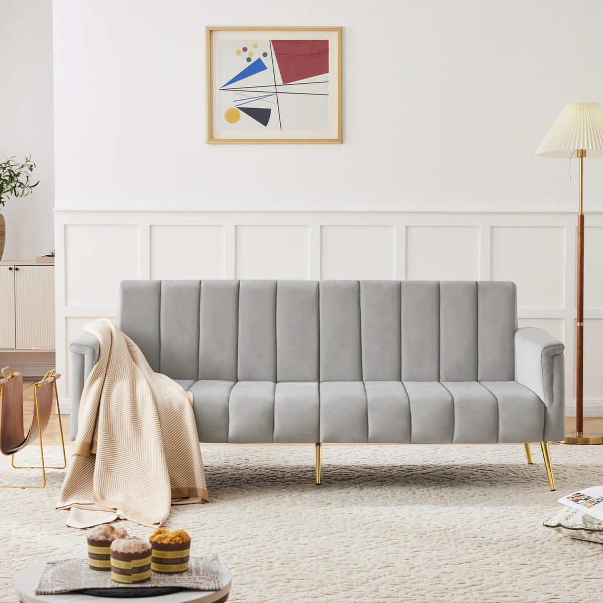 SCHLAFSOFA, Samt mit verstellbarer Rückenlehne & Armlehnen, 183/76/75 cm, Grau - Grau, Textil (76/75/183cm) - Redom