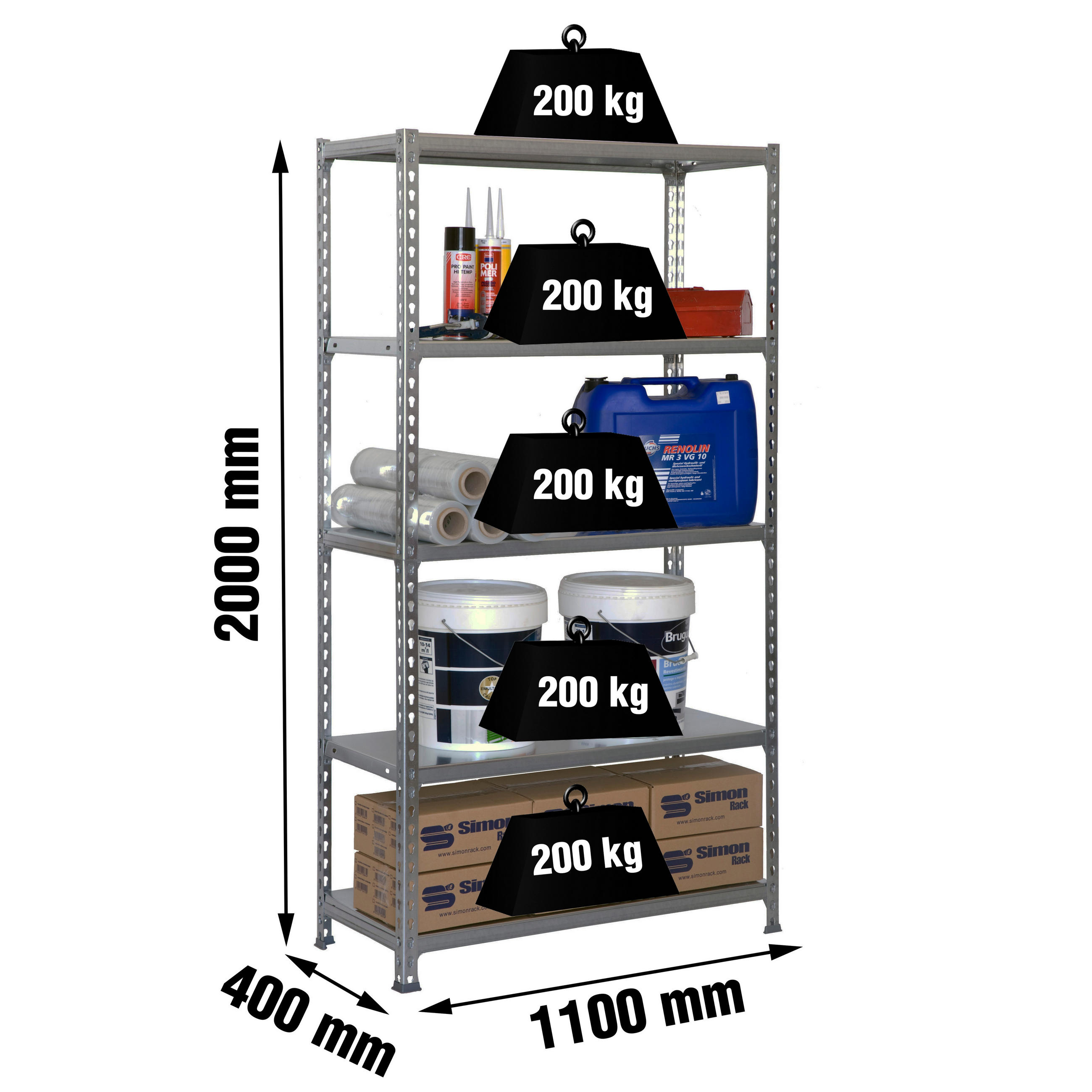 SCHWERLASTREGAL Big Metal Shark HxBxT 200 x 110 x 40 cm Fachlast 200 kg Grau - Grau, Metall (110/200/40cm) - PROREGAL
