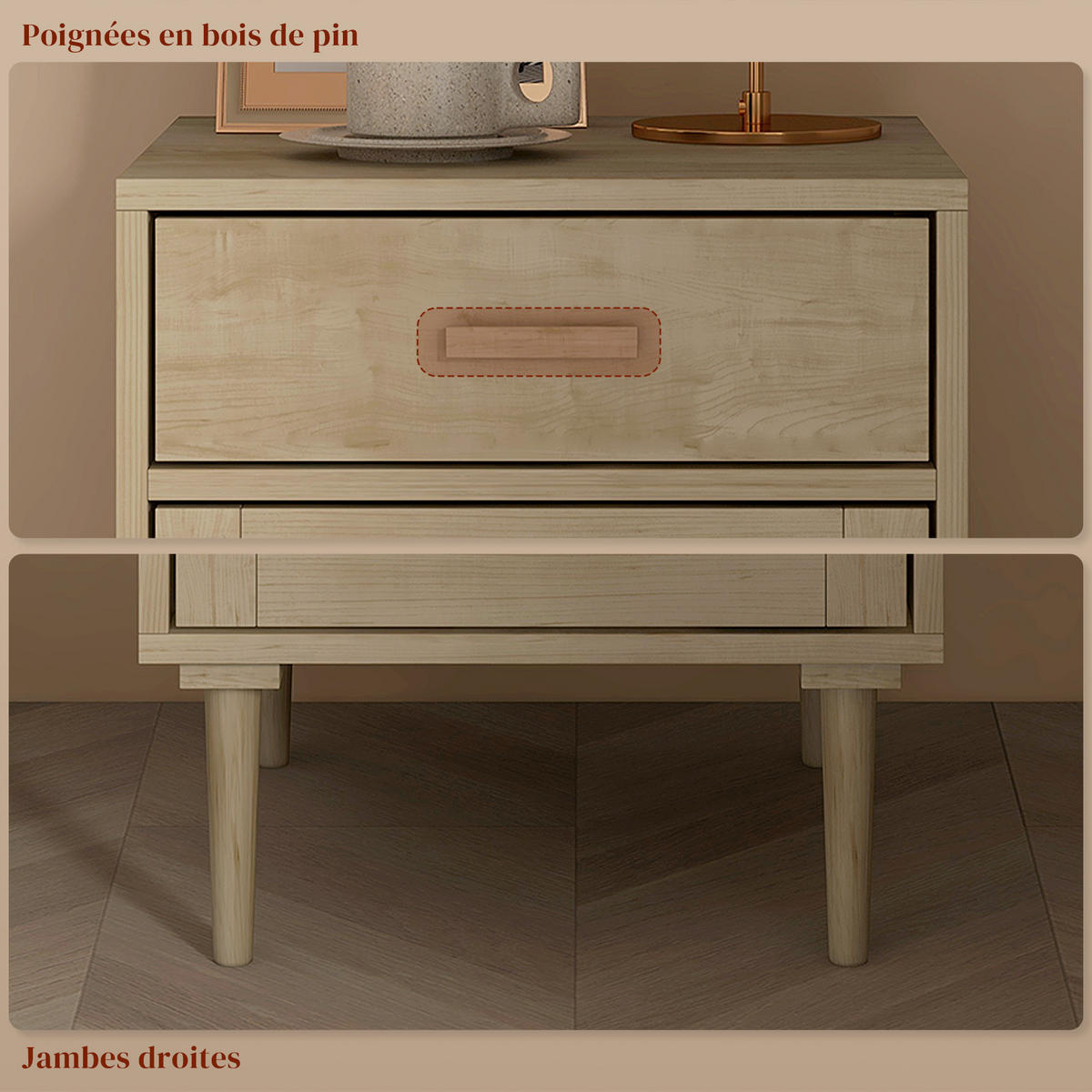 NACHTSCHRANK DE-12831 Schublade und Rattantür Natur - Naturfarben, Holzwerkstoff (40/68.5/40cm) - ComfortXL