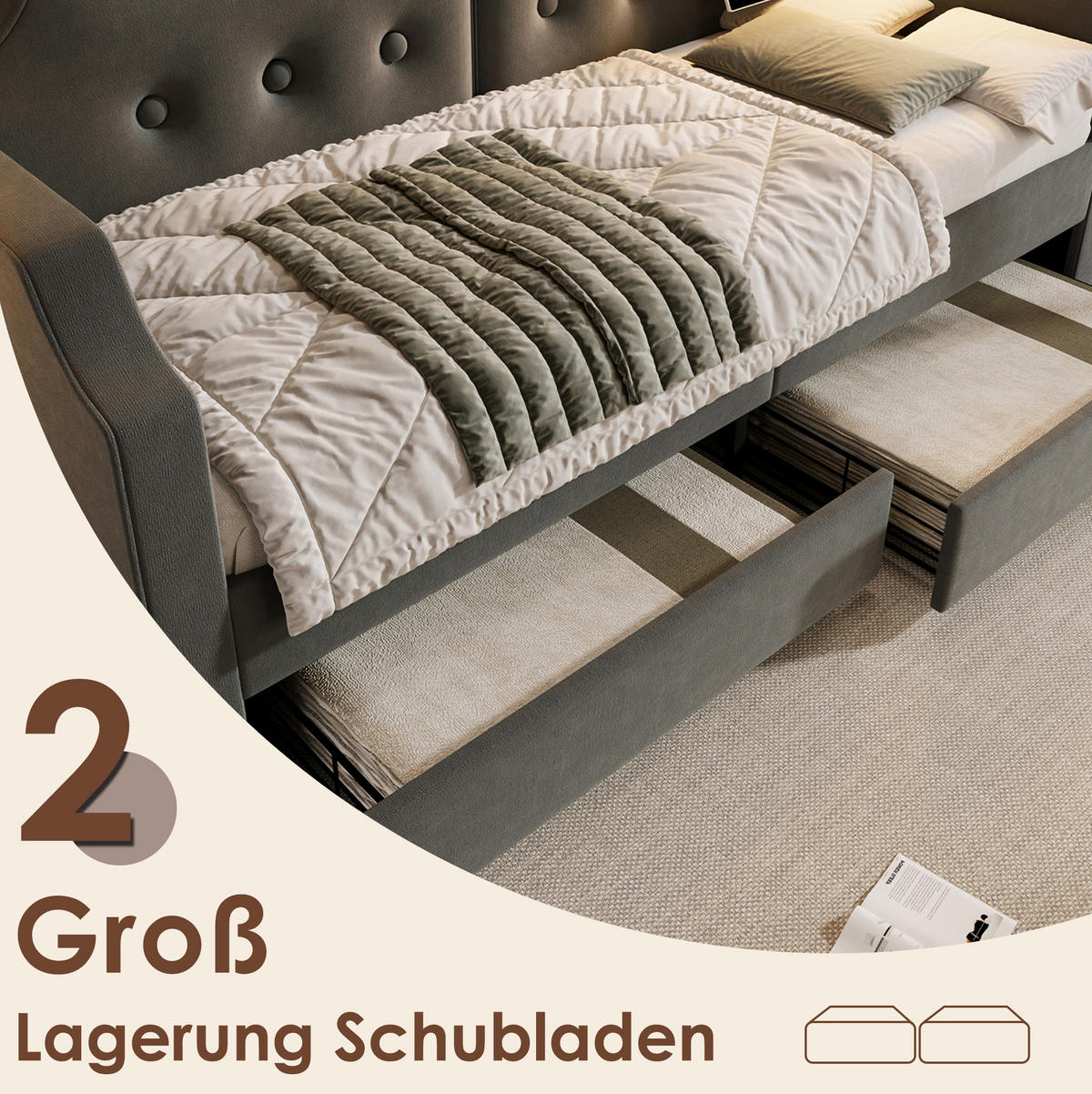 POLSTERBETT 90/200 cm Grau aus Samt mit USB-Type-C und Leselampe - Grau, Textil (90/200cm) - OKMYHOME