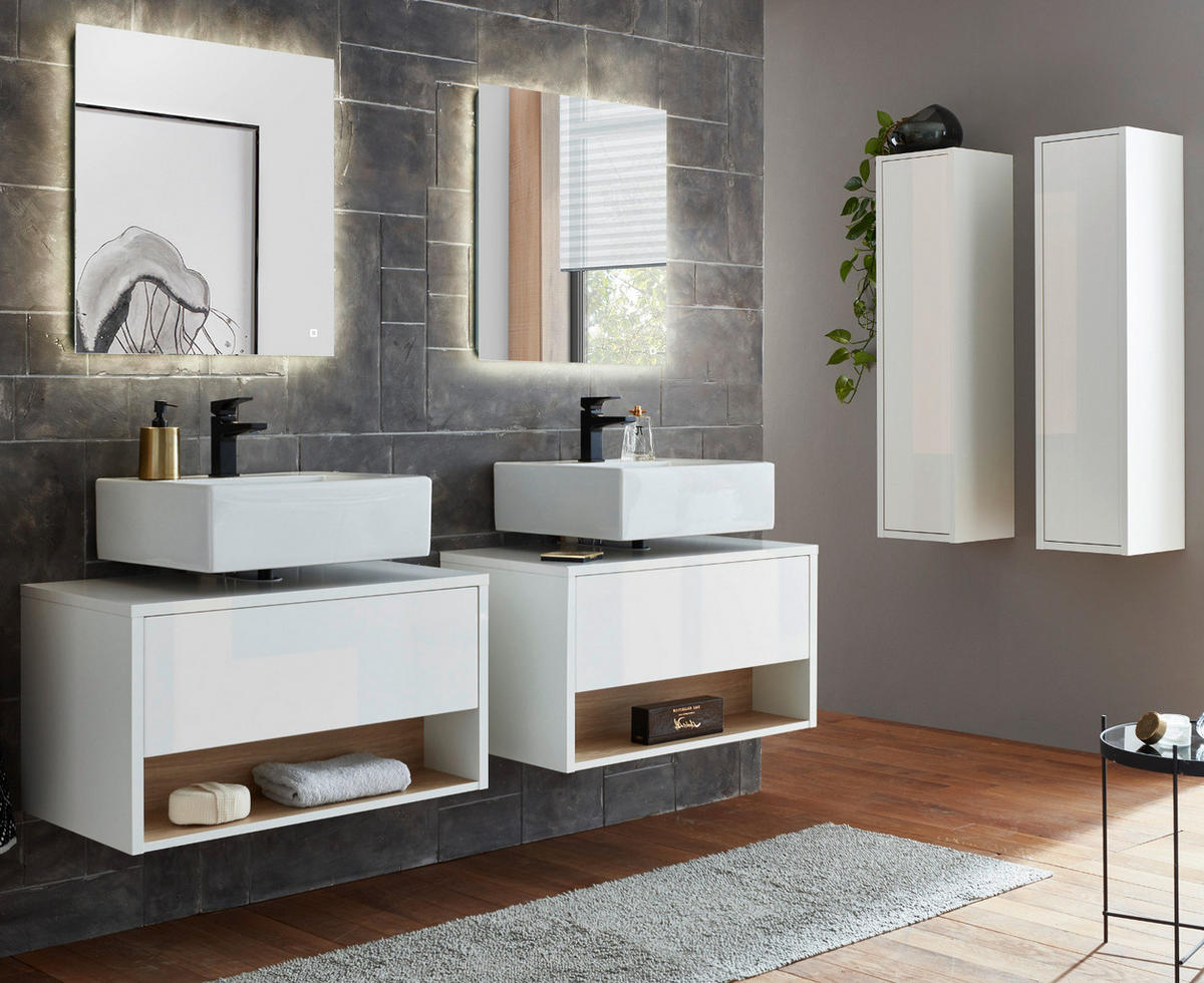 BADMÖBEL-SET 6-teilig weiß Hochglanz, Eiche, Badezimmer Komplettset mit LED Beleuchtung 250 cm - Weiß Hochglanz/Eichefarben, Glas/Holzwerkstoff (250/190/46cm) - Furn.Design