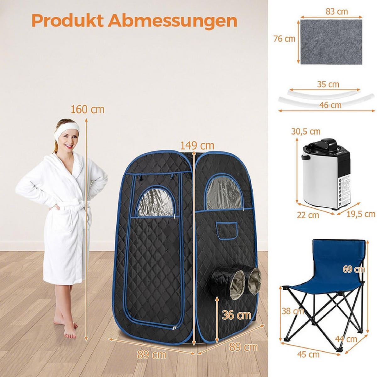 DAMPFSAUNA Tragbare schwarz - Schwarz, Textil (89/149/89cm) - COSTWAY