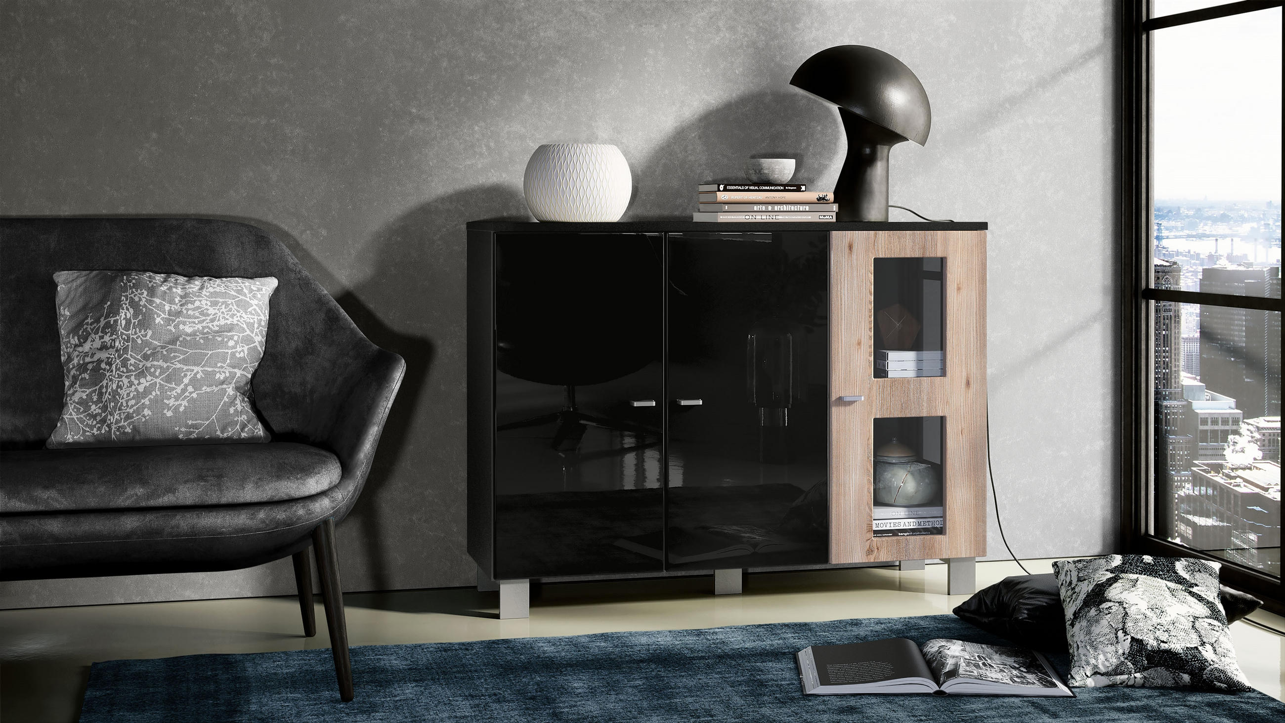 SIDEBOARD Denjo Tür in Eiche Nordic - Silbereichenfarben, Holzwerkstoff (107/81/35cm) - Vladon