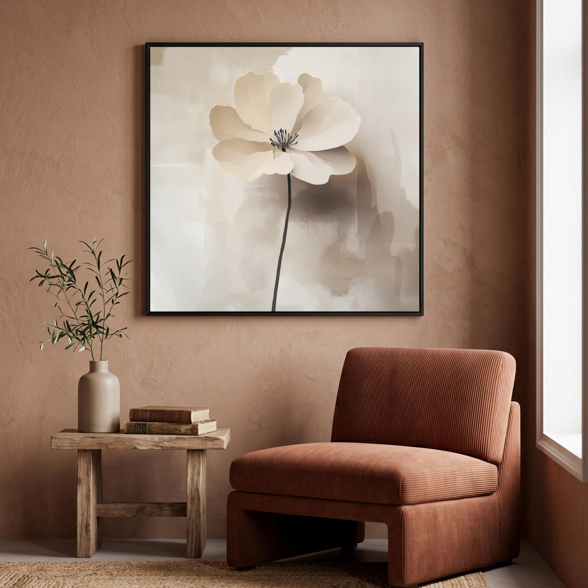 LEINWAND Bilder mit Rahmen - Blume - Beige - Farbe - Schatten - 90x90 - Creme, Textil (90/90cm) - MuchoWow