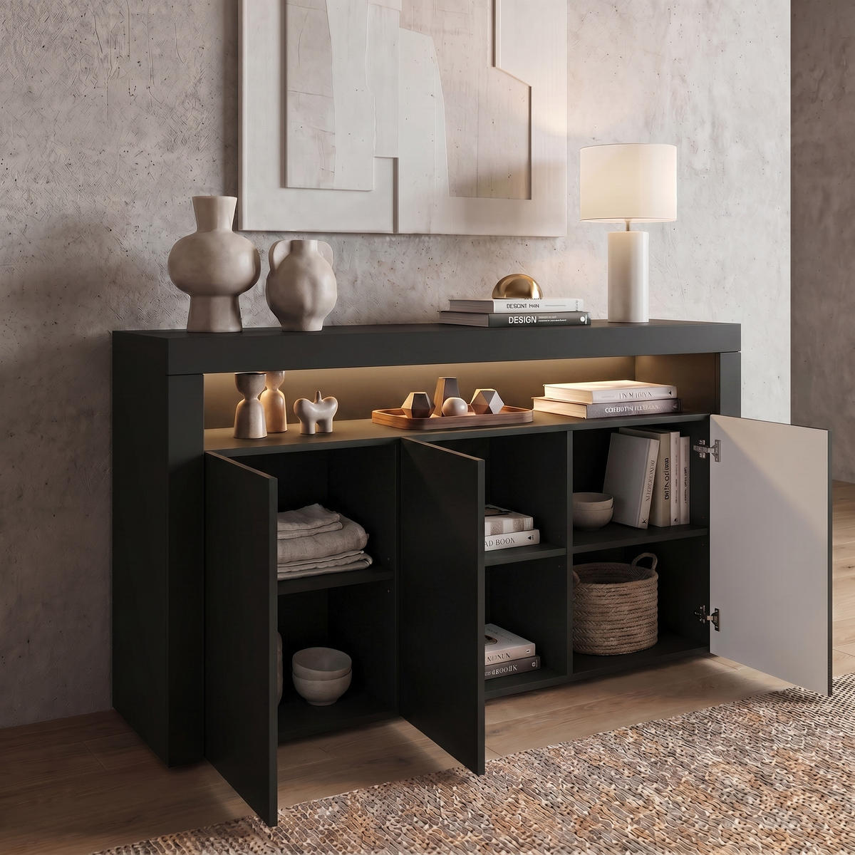 SIDEBOARD Valencia Schwarz matt - Schwarz, Holzwerkstoff (155/92/40cm) - Vladon
