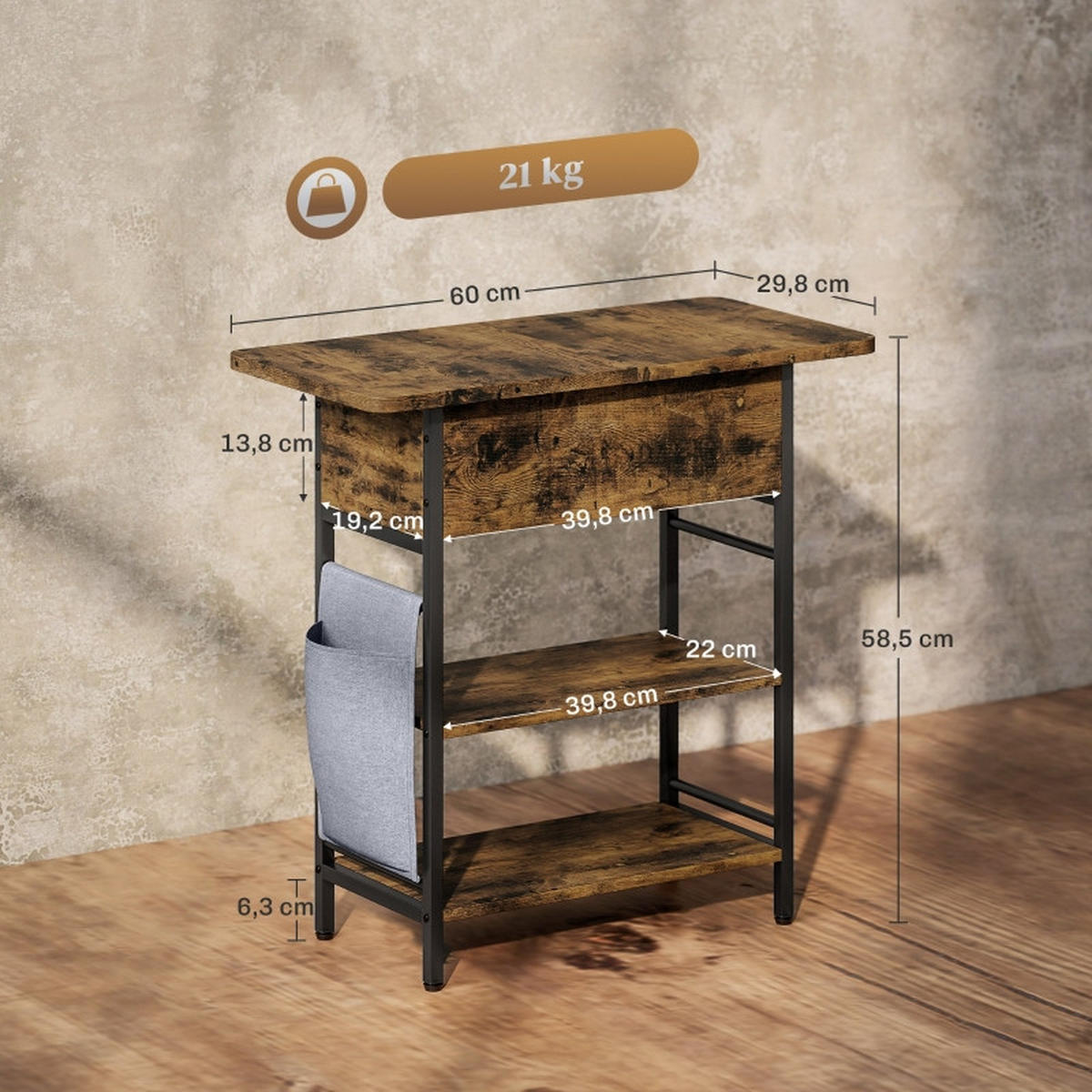 BEISTELLTISCH 60/29,8/58,5 cm Rustikal Braun mit Steckdosenleiste und USB-Anschlüssen - Braun, Holzwerkstoff (60/39.8/58.5cm) - OKWISH