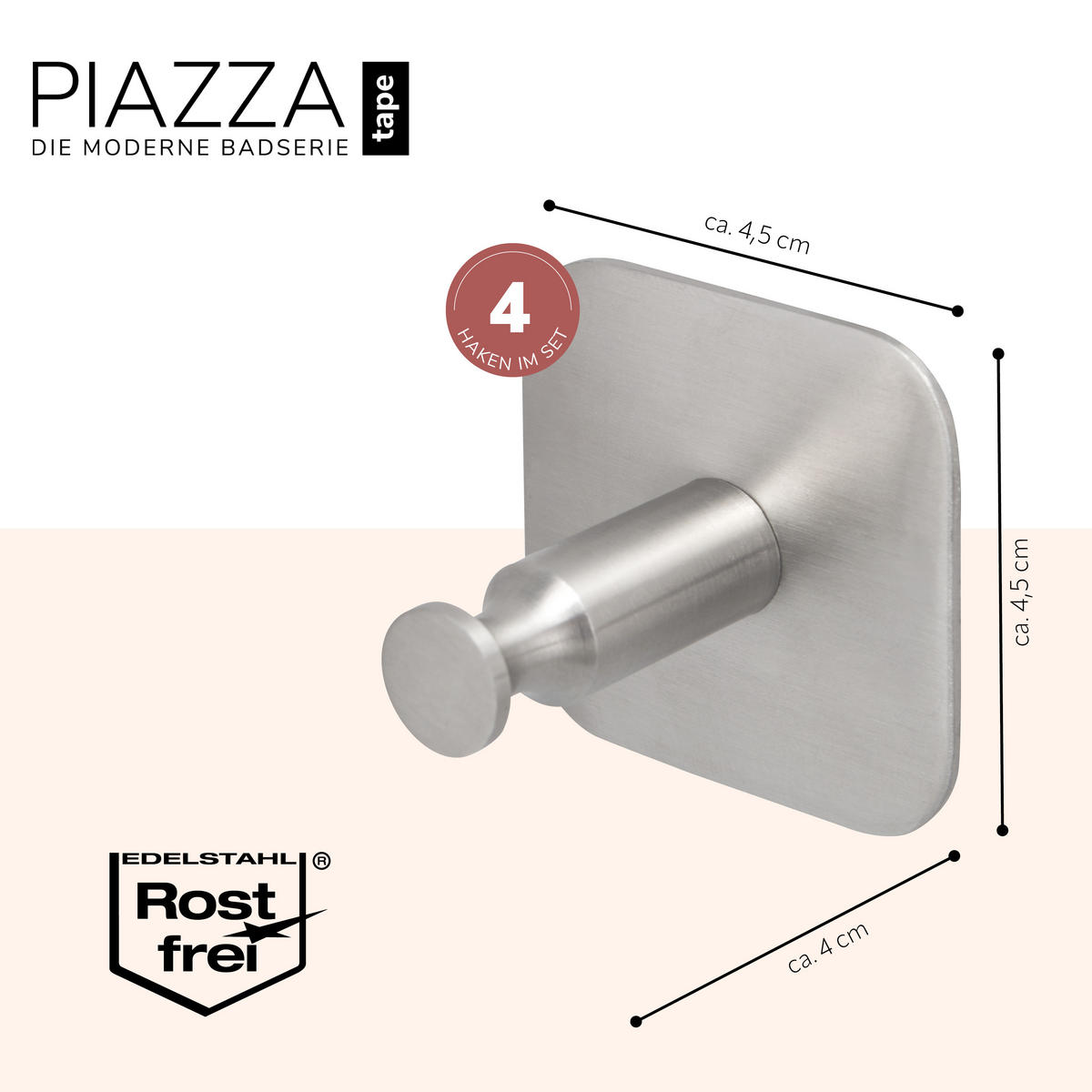 WANDHAKEN PIAZZA TAPE 4er-Set, Edelstahl, matt - Edelstahlfarben, Metall (4.5/4.5/3.8cm) - bremermann