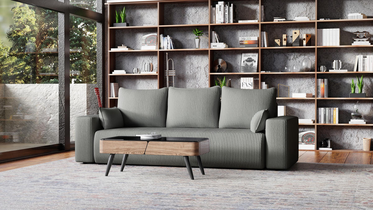 SOFA Bubi mit Bettkasten und Schlaffunktion, Cordstoff - Grau, Holzwerkstoff (242/85/95cm)