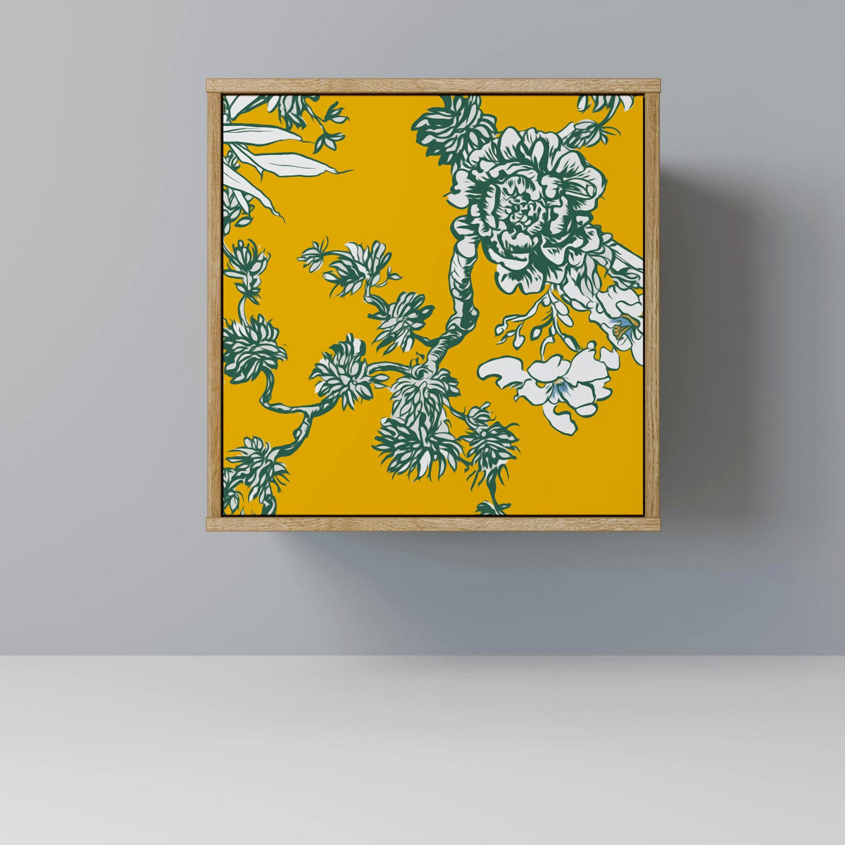 SIDEBOARD YELLOW CHINOISERIE, Eichefarben, 57,5x42x75,5 cm, Goldfarbene Metallfüße - Eichefarben/Goldfarben, Holzwerkstoff/Metall (57.5/75.5/42cm) - SpaceRebels