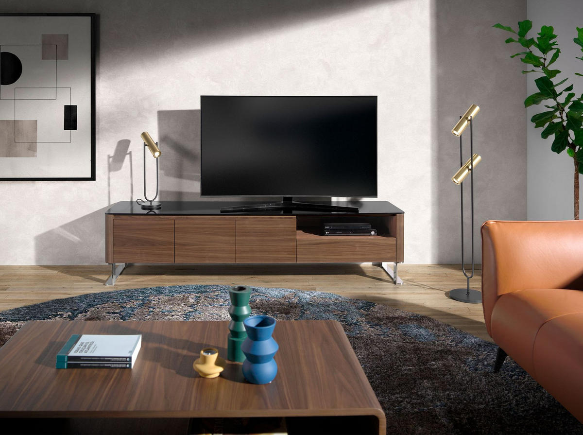 TV-ELEMENT TV-Schrank Nussbaum, verchromter Stahl und schwarze Glasplatte 200/45/48 cm - Walnussfarben/Schwarz, Holz/Metall (200/48/45cm) - ANGEL CERDA