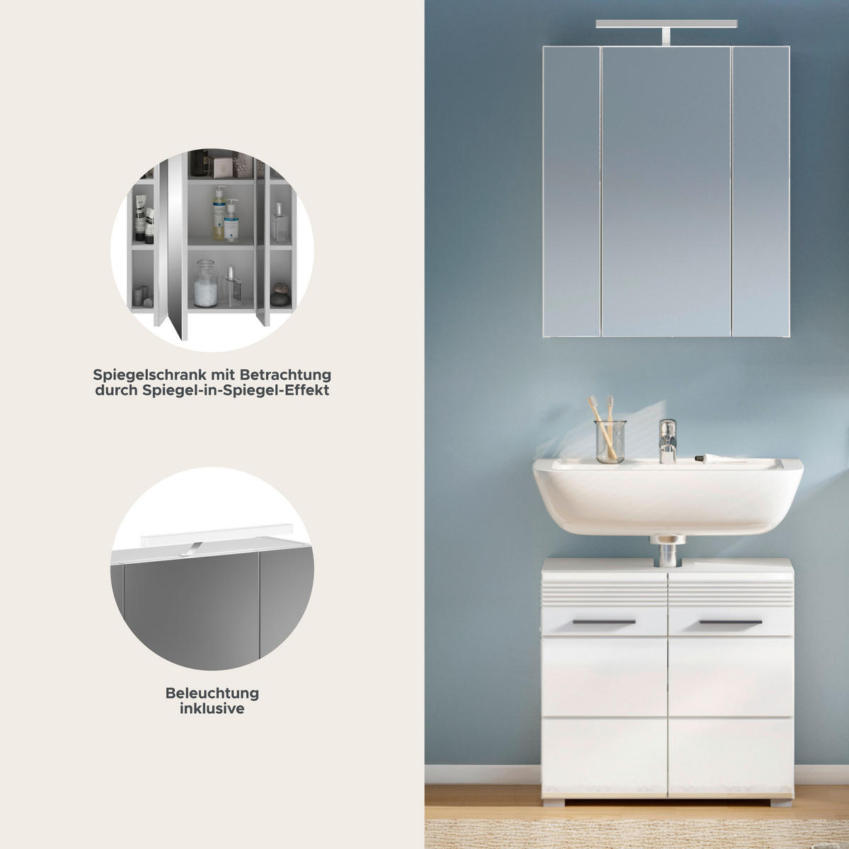 BADMÖBEL Set Linus 2tlg. Bad Kombination inkl. Beleuchtung (B/H/T: 60x182x34 cm) - Weiß, Holz (60/182/34cm)