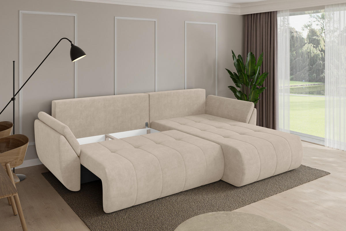 ROHOVÁ SEDAČKA s funkcí spaní, otoman vpravo TOKO-L 277x194x86 béžová velur - černá/Sahara, kompozitní dřevo/textil (277/194cm) - ALTDECOR