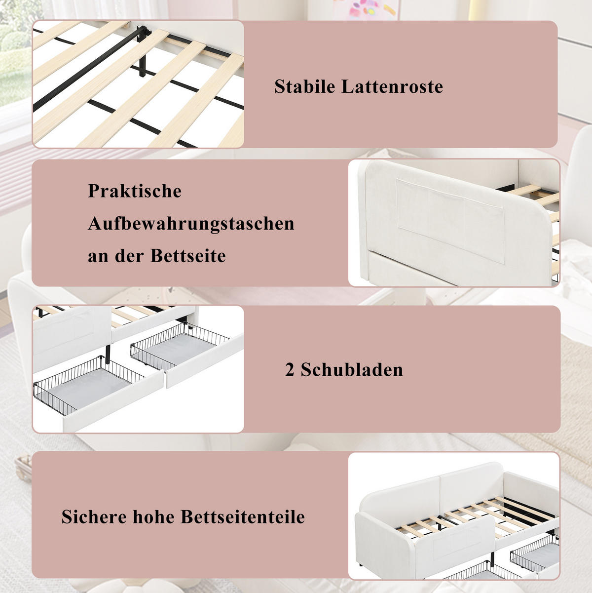 POLSTERBETT 90/200 cm Weiß aus Samt mit 2 Schubladen - Weiß, Textil (90/200cm) - OKMYHOME