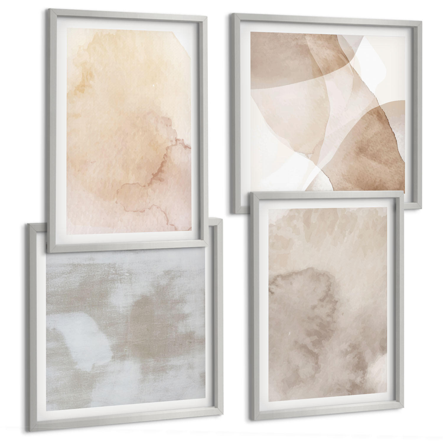 BILDER SET 4er Set - 50x50 cm & 40x60 cm Silberner Rahmen - Warme Aquarell-Pastelltexturen - Silberfarben, Kunststoff (50/50cm) - TULUP