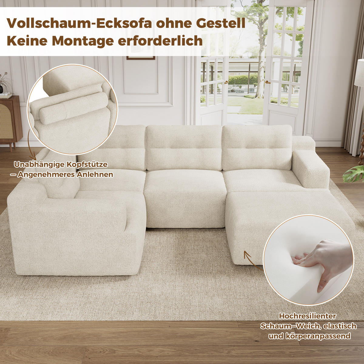 WOHNLANDSCHAFT 252/180/82 cm Beige mit 1 Fußhocker - Beige, Textil (252/82/180cm) - Oxeza