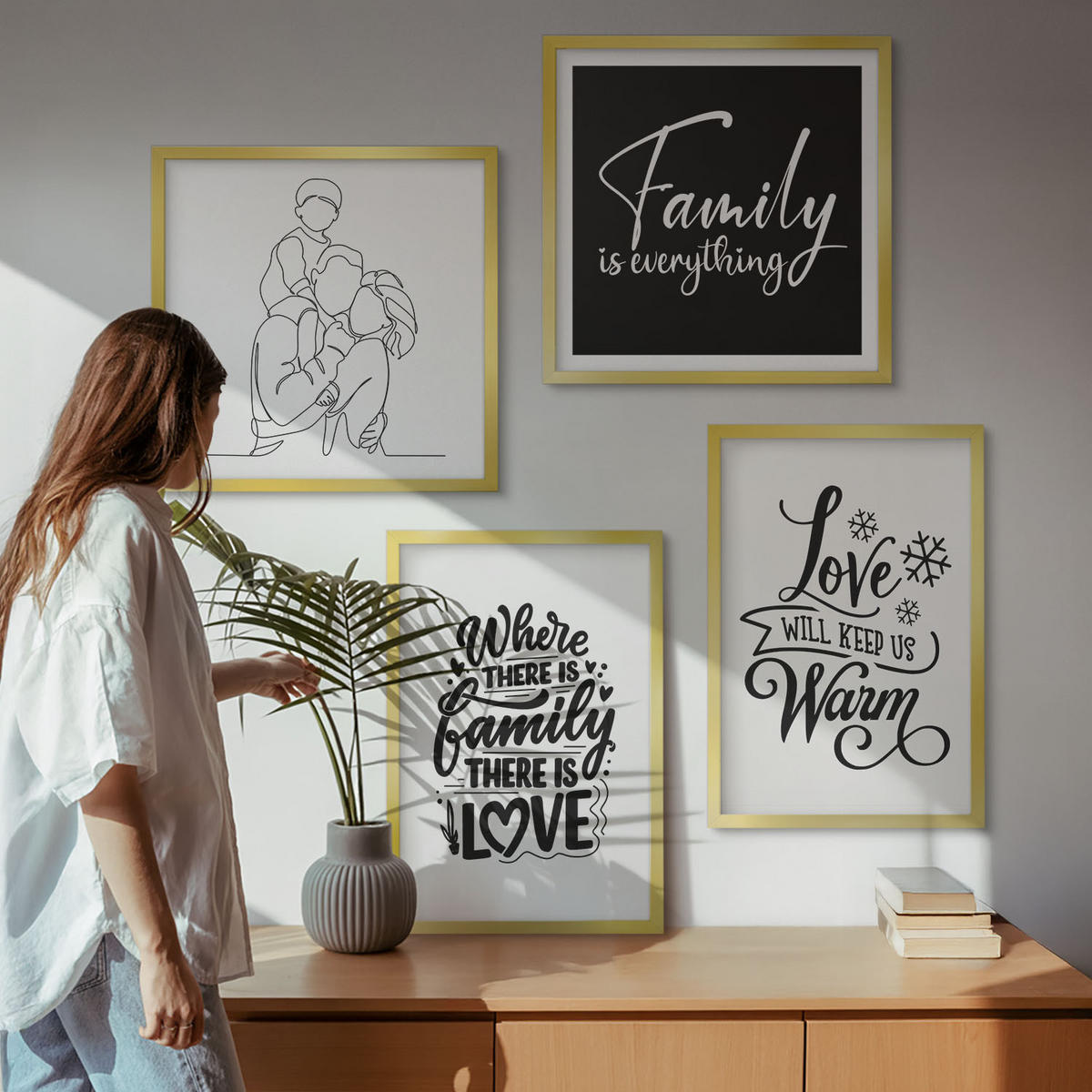 WANDBILDER 4er Set - 50x50 cm & 40x60 cm Goldrahmen - Familie, Liebe, Wärme, Zuhause - Goldfarben, Kunststoff (50/50cm) - ArtPrintCave