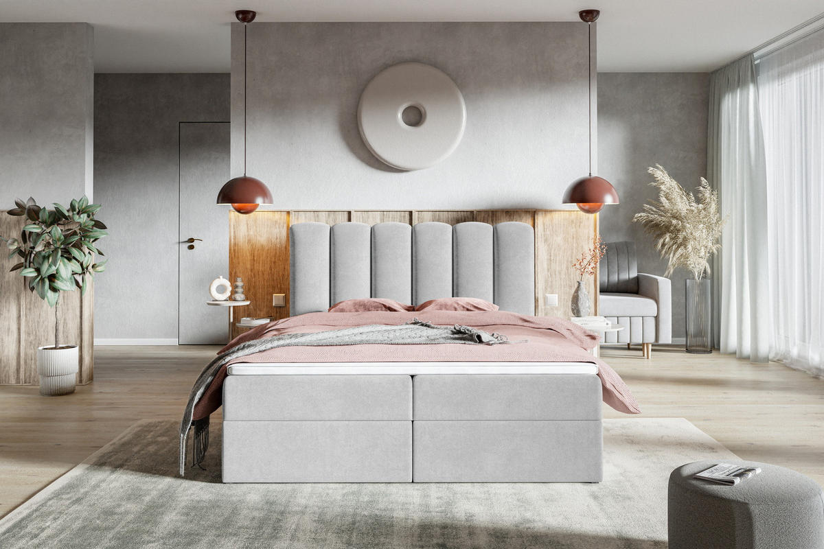 BOXSPRINGBETT 180x200 Rimini mit Matratze und Bettkasten, Hellgrau - Hellgrau, Holz/Textil (180/200cm) - Emporius