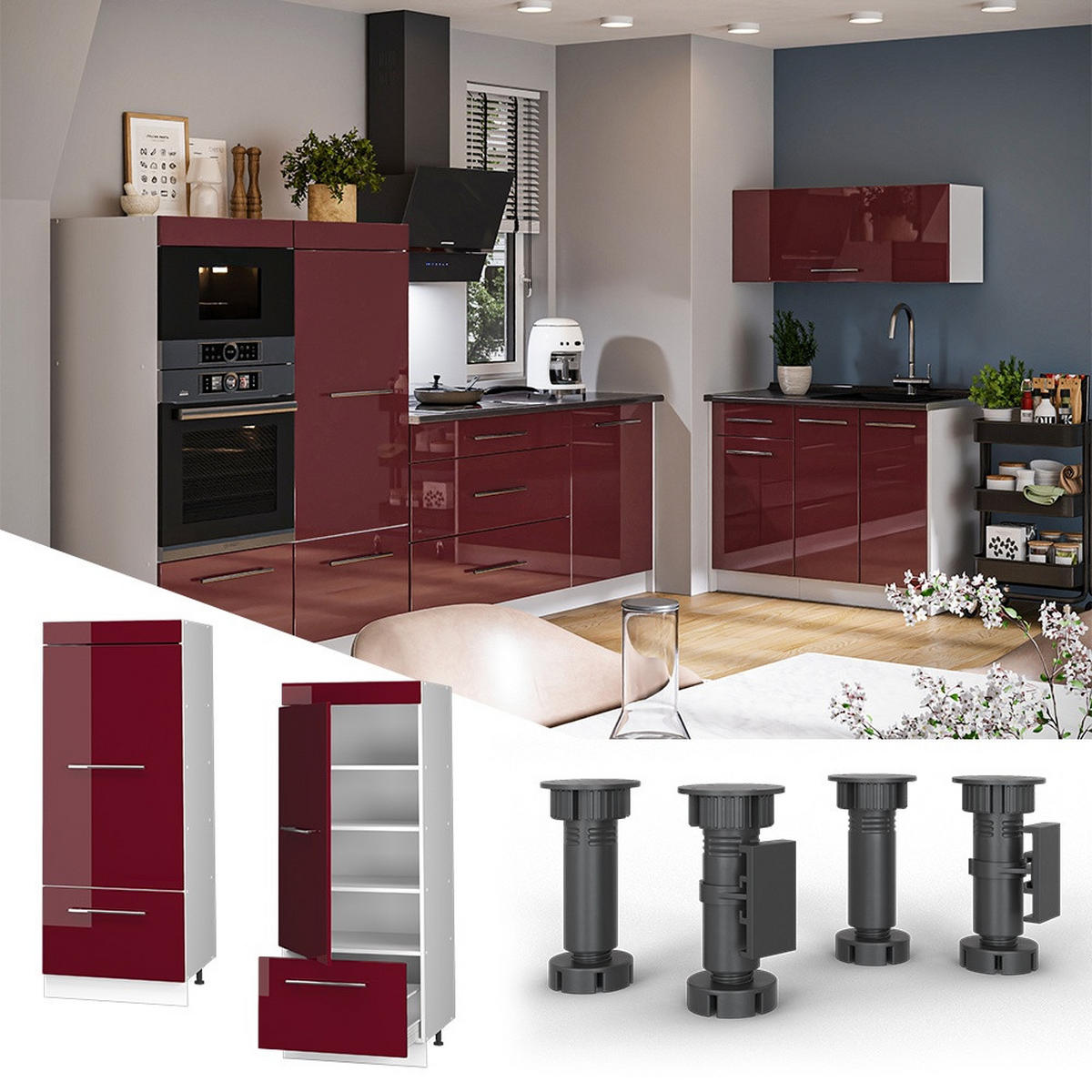 DULAP CĂMARĂ PENTRU BUCĂTĂRIE Fame-Line, Bordeaux lucios ridicat/Alb, 60 cm - alb/bordo, compozit lemnos (60/153.6/58.1cm) - Vicco