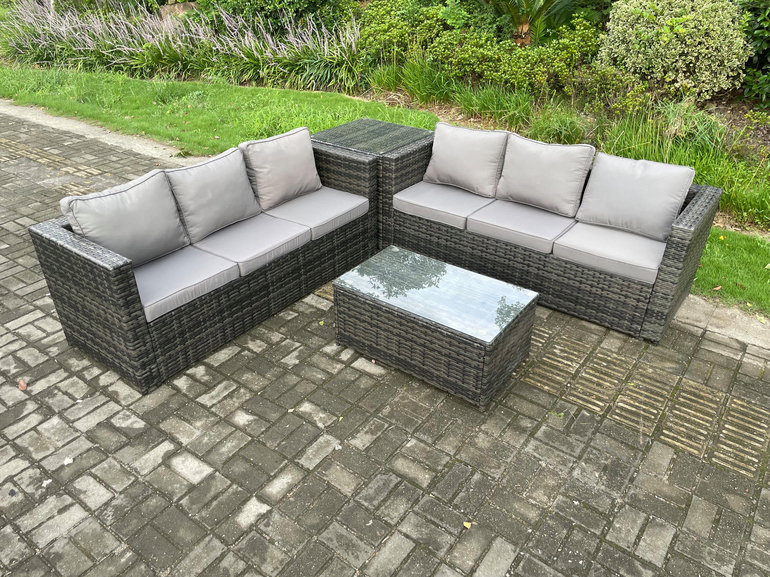GARTENSOFA SET Polyrattan Dunkelgrau 6-Sitzer - Dunkelgrau, Metall - Fimous