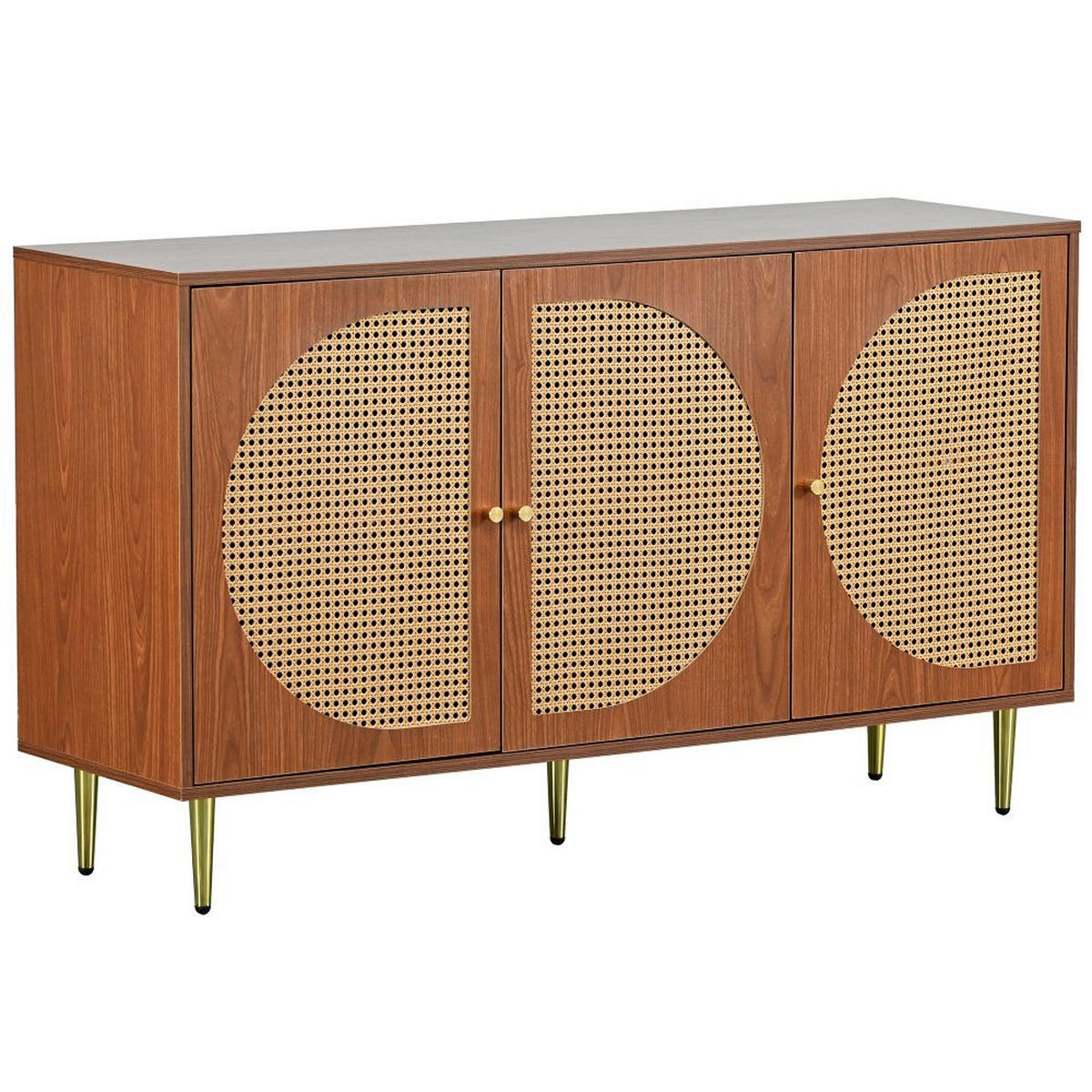 SIDEBOARDS mit 3 Rattan verzierten Türen，Nussbaum - Walnussfarben, Holz (40/76/129.8cm) - KOMHTOM