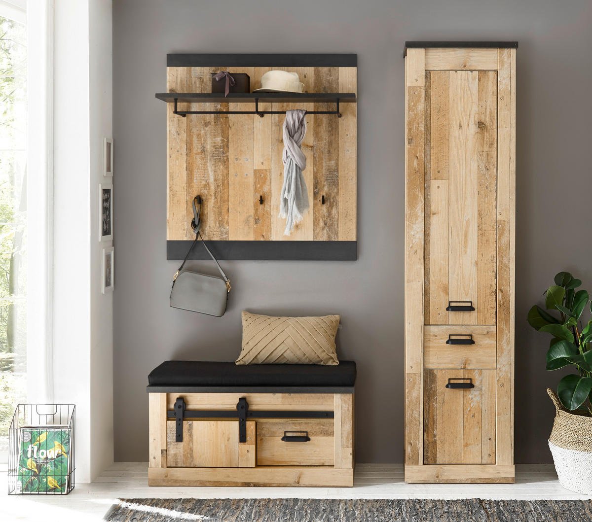 STAURAUMSCHRANK Used Wood hell, anthrazit, Mehrzweckschrank 51 x 201 cm - Eichefarben/Anthrazit, Holzwerkstoff/Metall (51/201/38cm) - Furn.Design