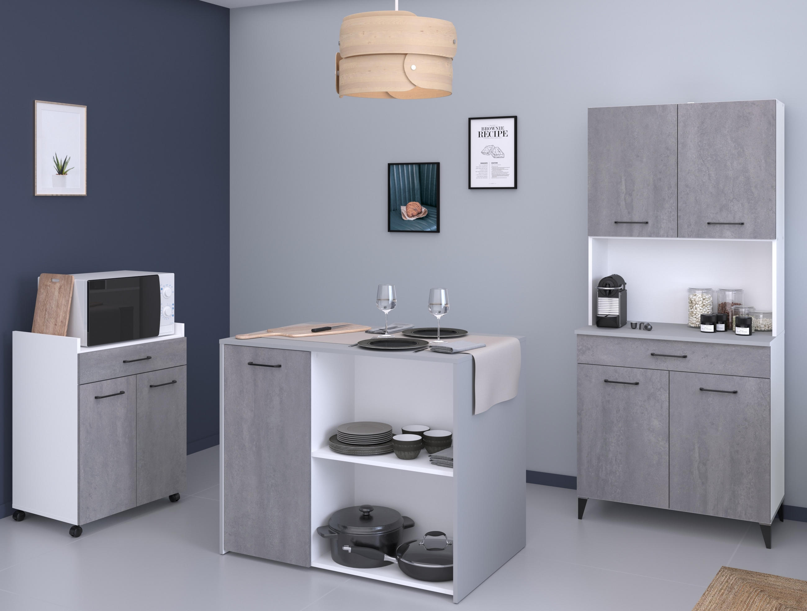 KÜCHENMÖBEL Malice 5 in Weiß und Beton 3teilig Küchenbuffet mit Beistellschrank und Kücheninsel - Weiß, Holzwerkstoff (80/200/120cm)