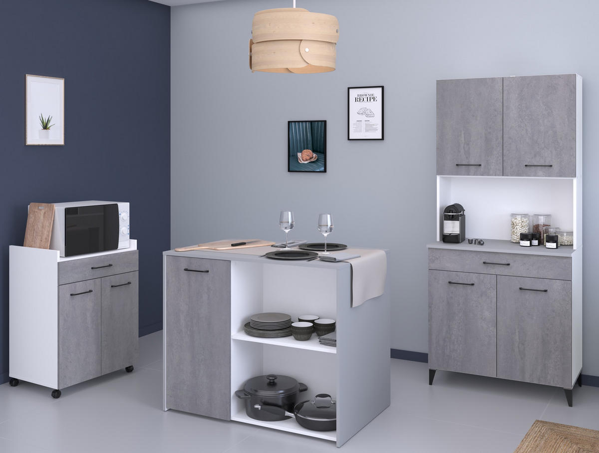 KÜCHENMÖBEL Malice 5 in Weiß und Beton 3teilig Küchenbuffet mit Beistellschrank und Kücheninsel - Weiß, Holzwerkstoff (80/200/120cm)