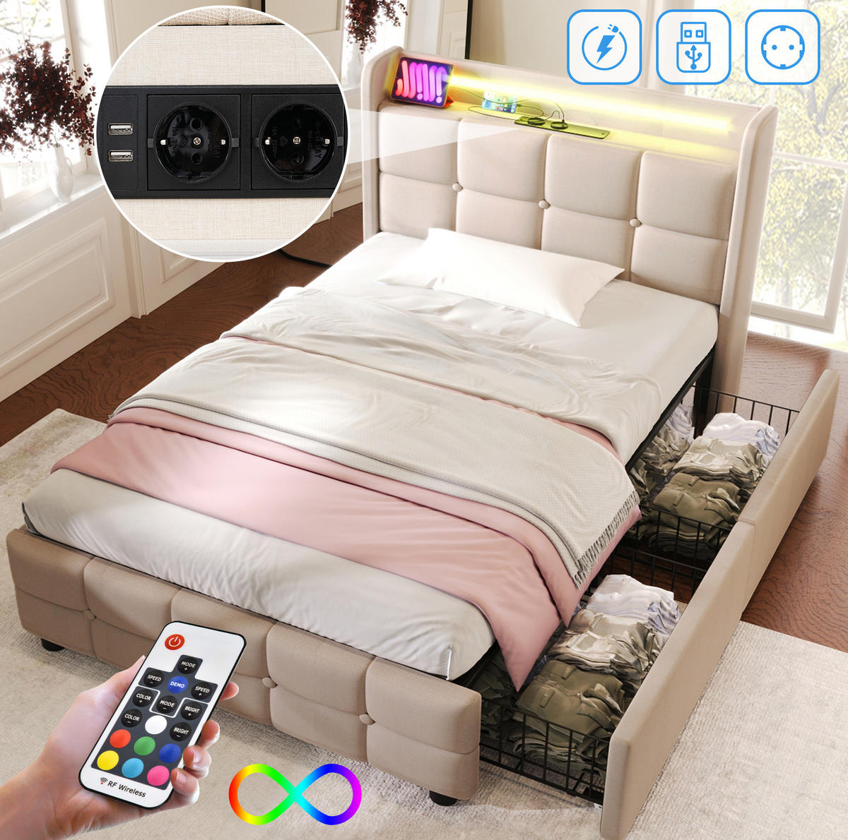 POLSTERBETT mit LED-Beleuchtung 90/200 cm mit USB, Schubladen & Kopfteil - Beige, Holz (90/200cm) - BEAOK