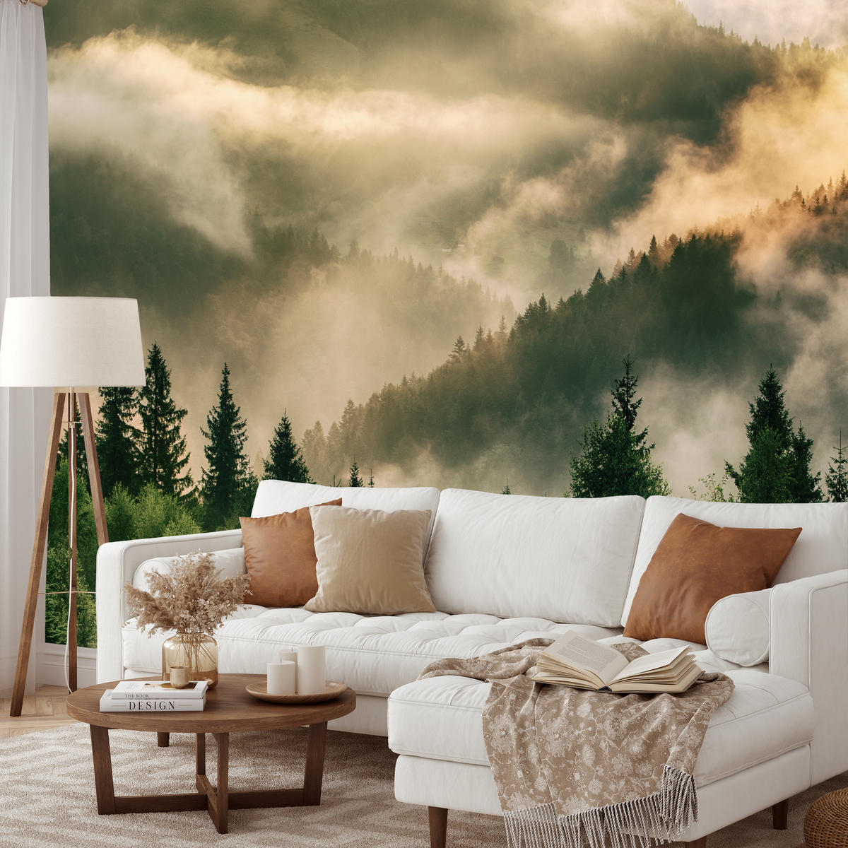 FOTOTAPETE für Wohnzimmer Neblige Landschaft Bergwald Nadelbäume 400x280 - Gelb/Orange, Papier (400/280cm) - Muralo