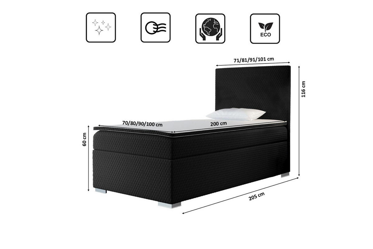 BOXBETT Mit Bettkasten Matratze Topper ICON Schwarz 80x200 cm Rechts - Schwarz, Holz (80/200cm) - Kaiser Möbel