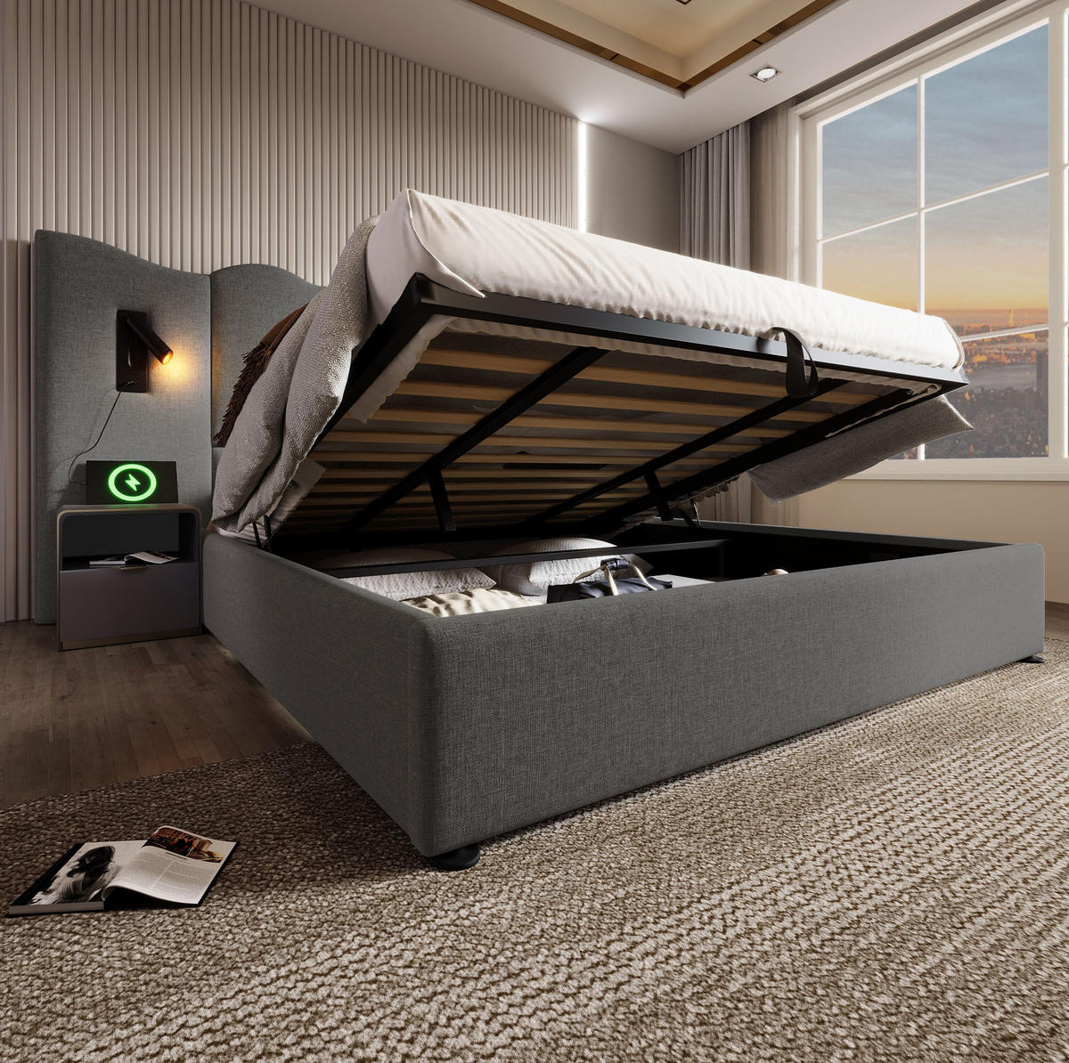POLSTERBETT aus Leinen 180x200 cm Grau mit Bettkasten, Leselampe sowie USB- und USB-C-Anschlüssen - Grau, Textil (180/200cm) - IVMEU