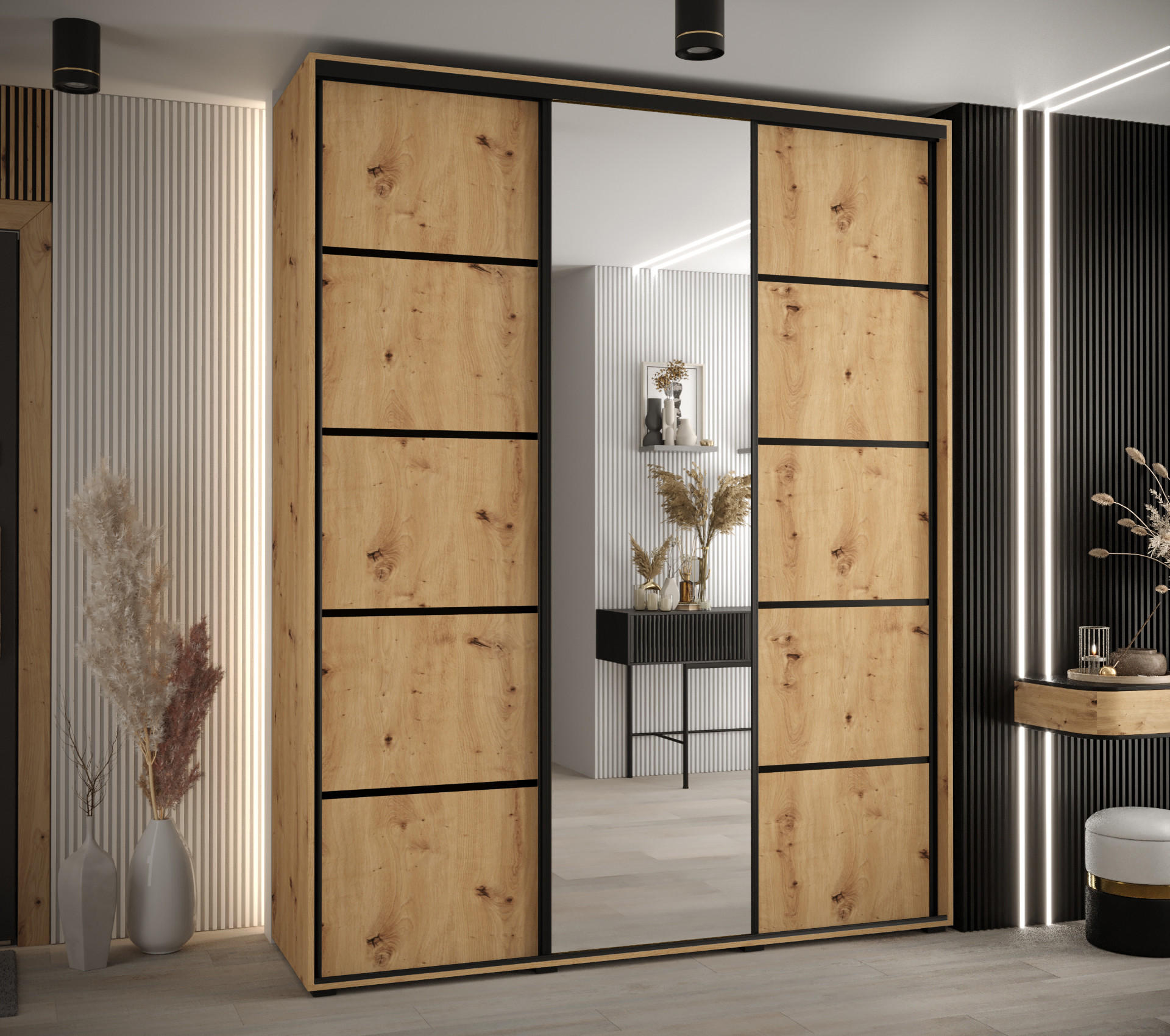 SCHWEBETÜRENSCHRANK 235,2/190/60 3-türig - Schwarz/Eiche Artisan, Holz/Metall (190/235/60cm) - Abiks Möbel