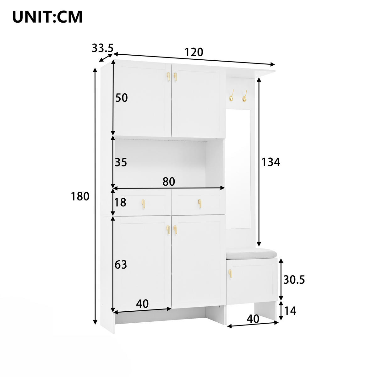 GARDEROBE-SET in Weiß Highboard mit Schuhbank Schuhschrank 3 Haken 5 Türen 2 Schubladen für Flur ,B120/T33.5/H180cm - Weiß, Holzwerkstoff (120/180/33.5cm) - STILVORA