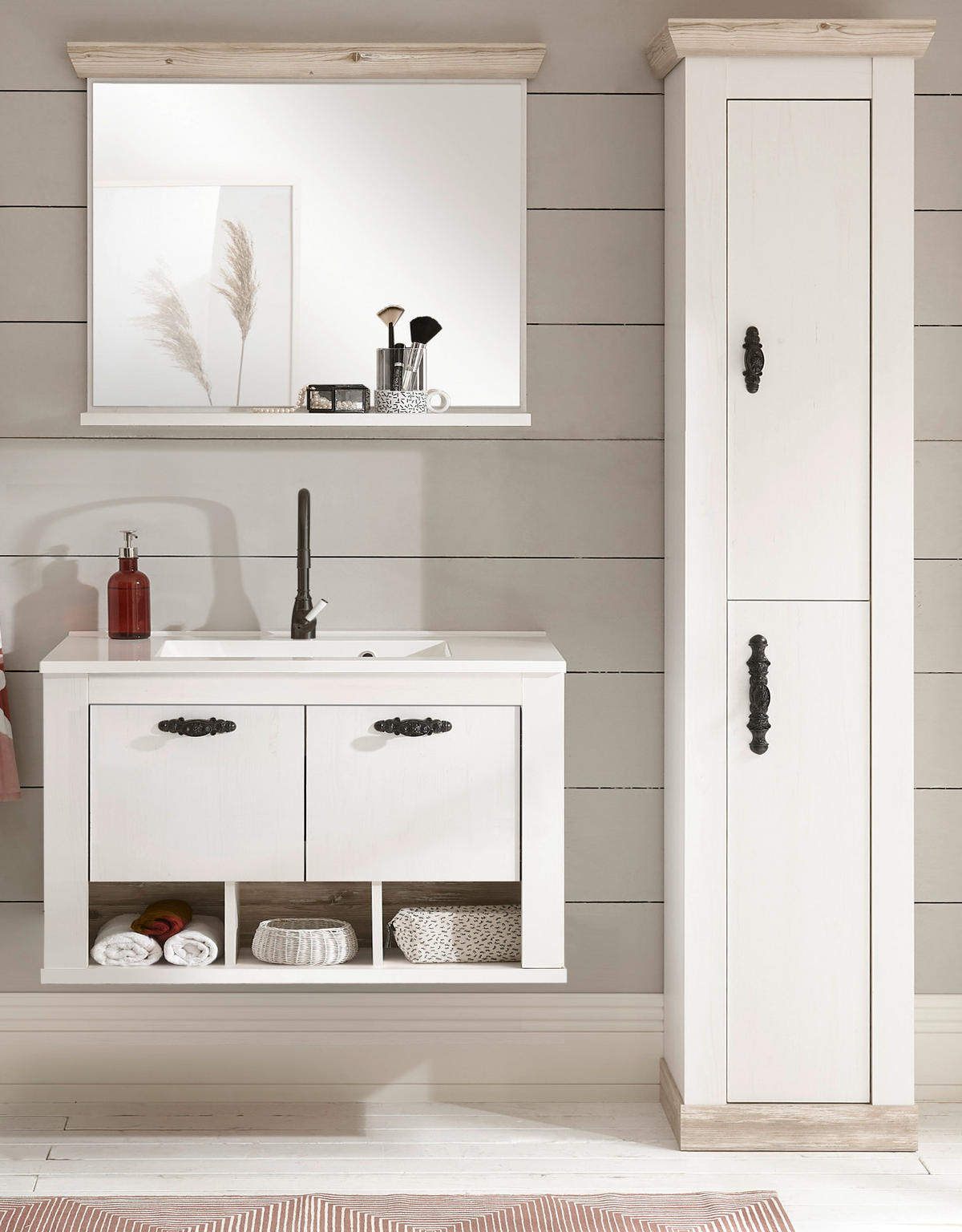 BADKOMBINATION Pinie weiß, Oslo Pinie, Landhaus Badmöbel Set 4-tlg. hängend MIT Waschbecken 143 x 200 cm - Anthrazit/Weiß, Holzwerkstoff/Metall (143/200/46cm) - Furn.Design