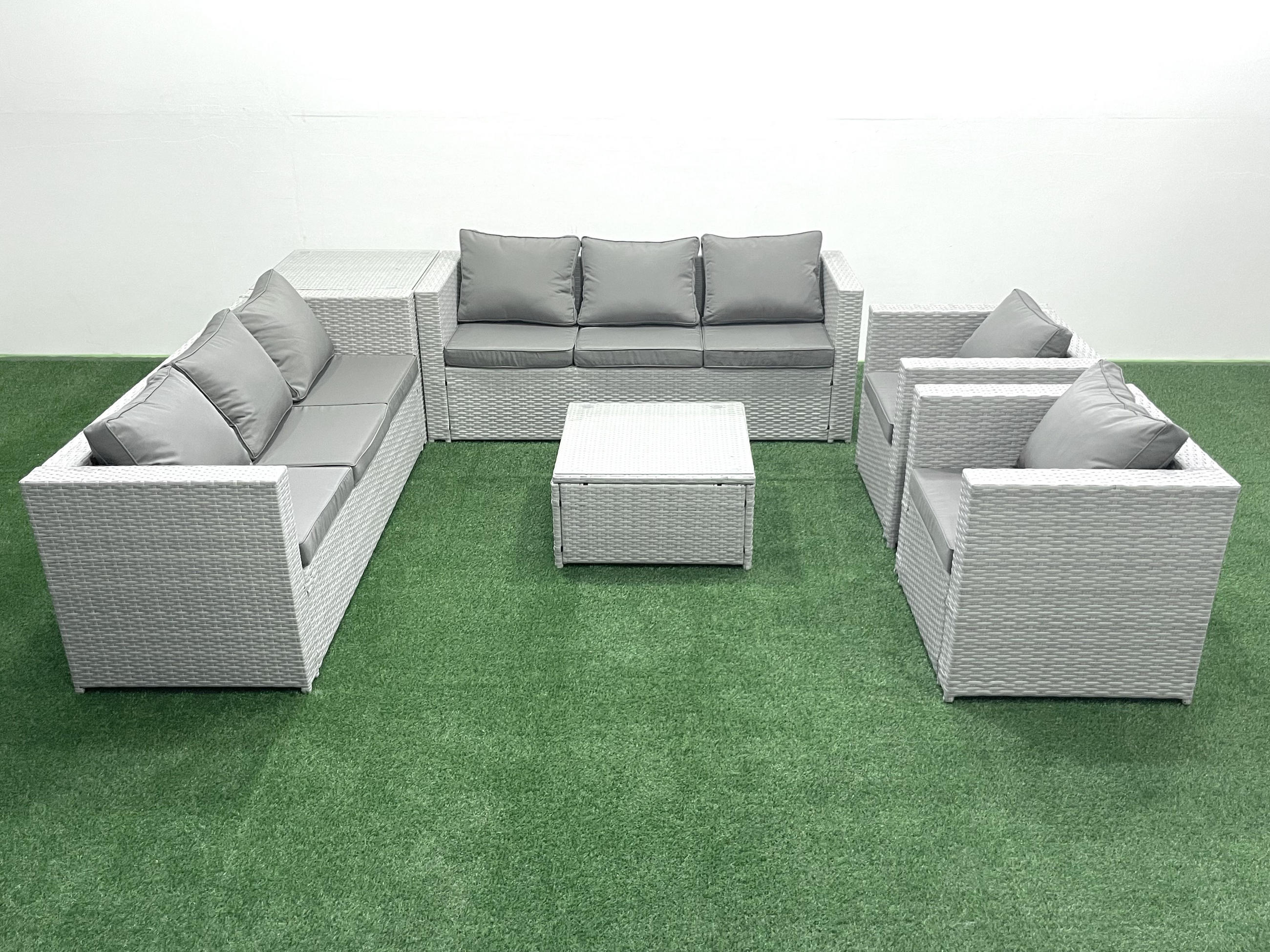 GARTENMÖBEL-SET mit Kissen Polyrattan Hellgrau-Mix 8-Sitzer - Hellgrau/Grau, Glas/Kunststoff - Fimous