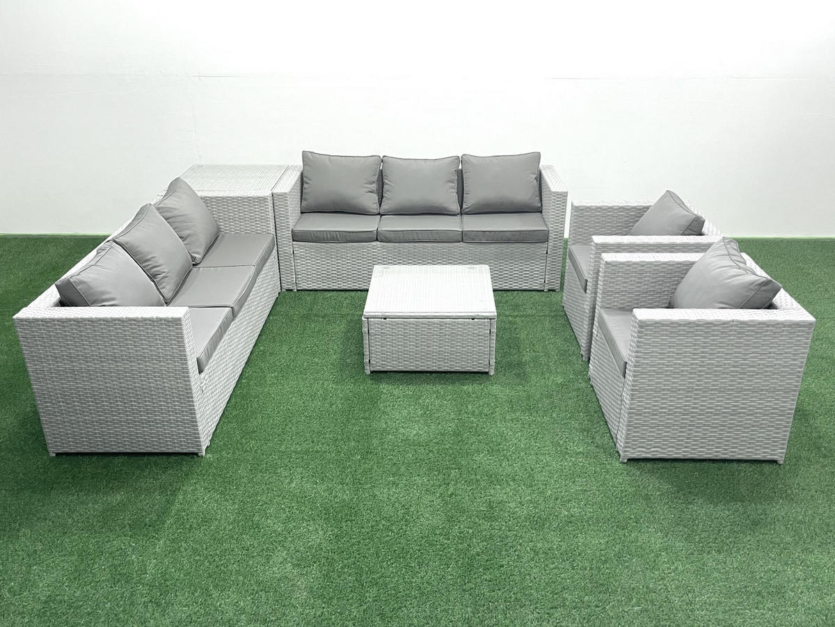 GARTENMÖBEL-SET mit Kissen Polyrattan Hellgrau-Mix 8-Sitzer - Hellgrau/Grau, Glas/Kunststoff - Fimous