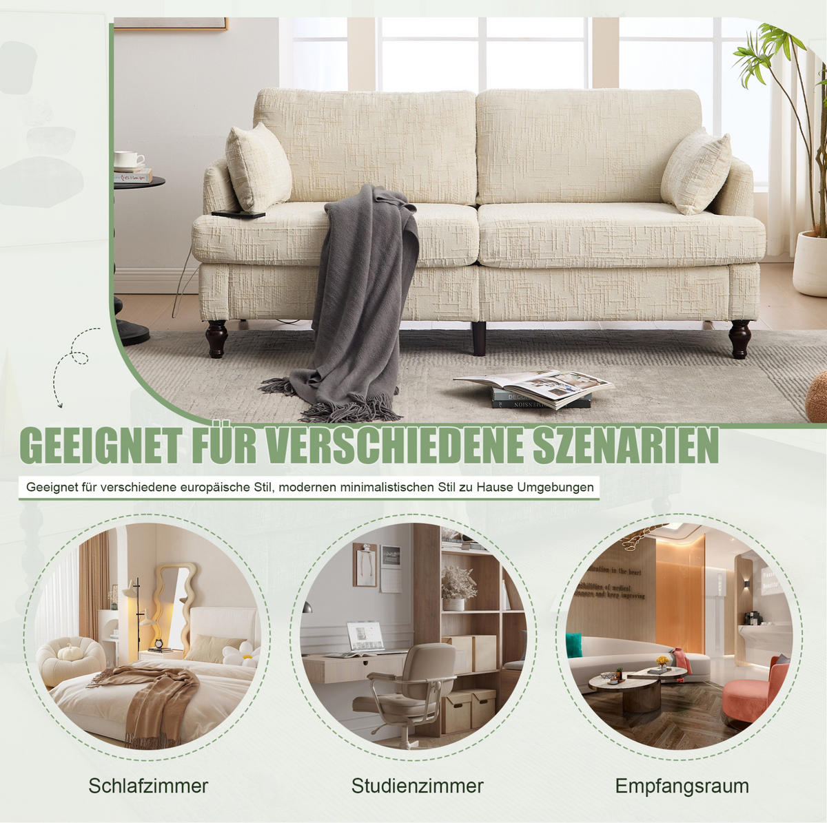 2-SITZER Sofa Chenille mit USB-Anschluss und LED-Licht 175/83/78 cm Beige - Beige, Textil (175/78/83cm) - Redom