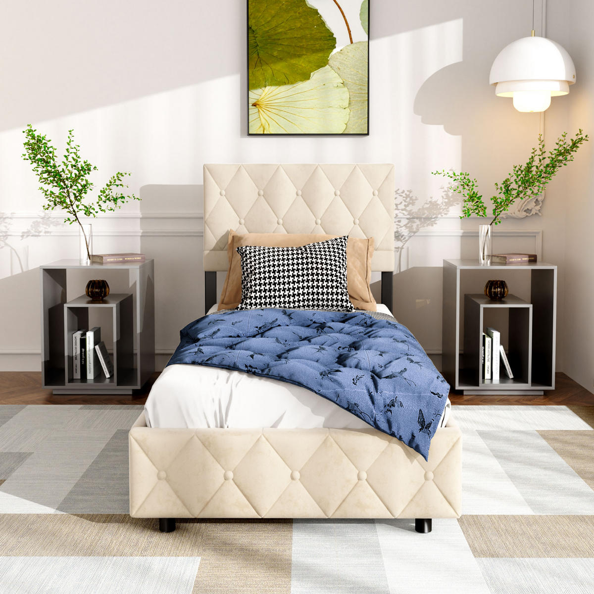 POLSTERBETT 90/200 cm mit Matratze und Bettkasten in Beige aus Samtstoff Bettgestell mit Metallrahmen - Beige, Holzwerkstoff/Textil (90/200cm) - STILVORA