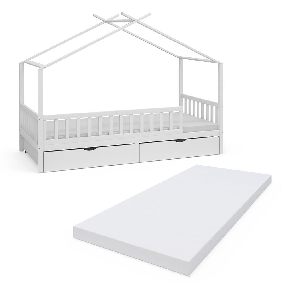 HAUSBETT Franka Weiß 90x200 cm mit 2 Schubladen und Matratze - Weiß, Holzwerkstoff (90/200cm) - VitaliSpa
