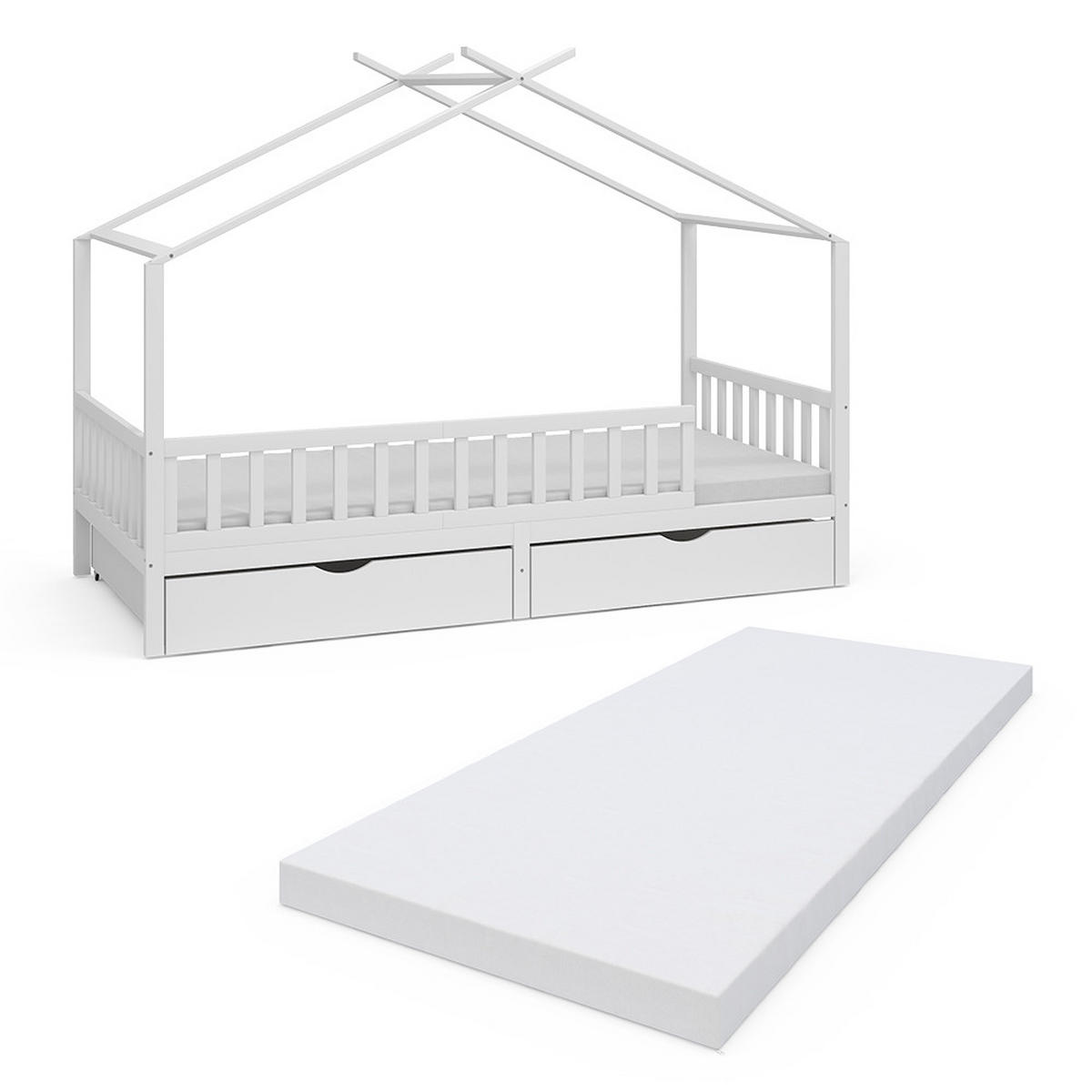 HAUSBETT Franka Weiß 90x200 cm mit 2 Schubladen und Matratze - Weiß, Holzwerkstoff (90/200cm) - VitaliSpa